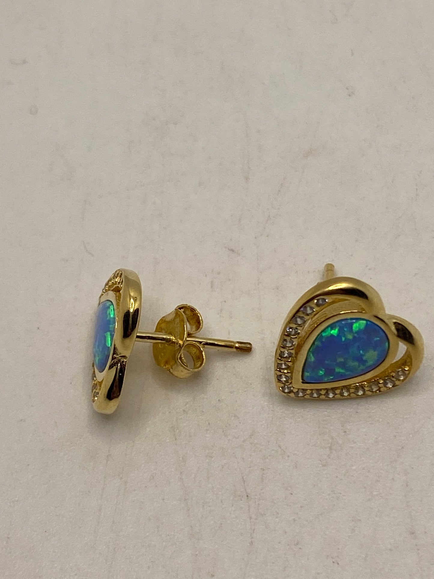 Vintage Opal Heart Earrings Golden 925 Sterling Silver Stud Button