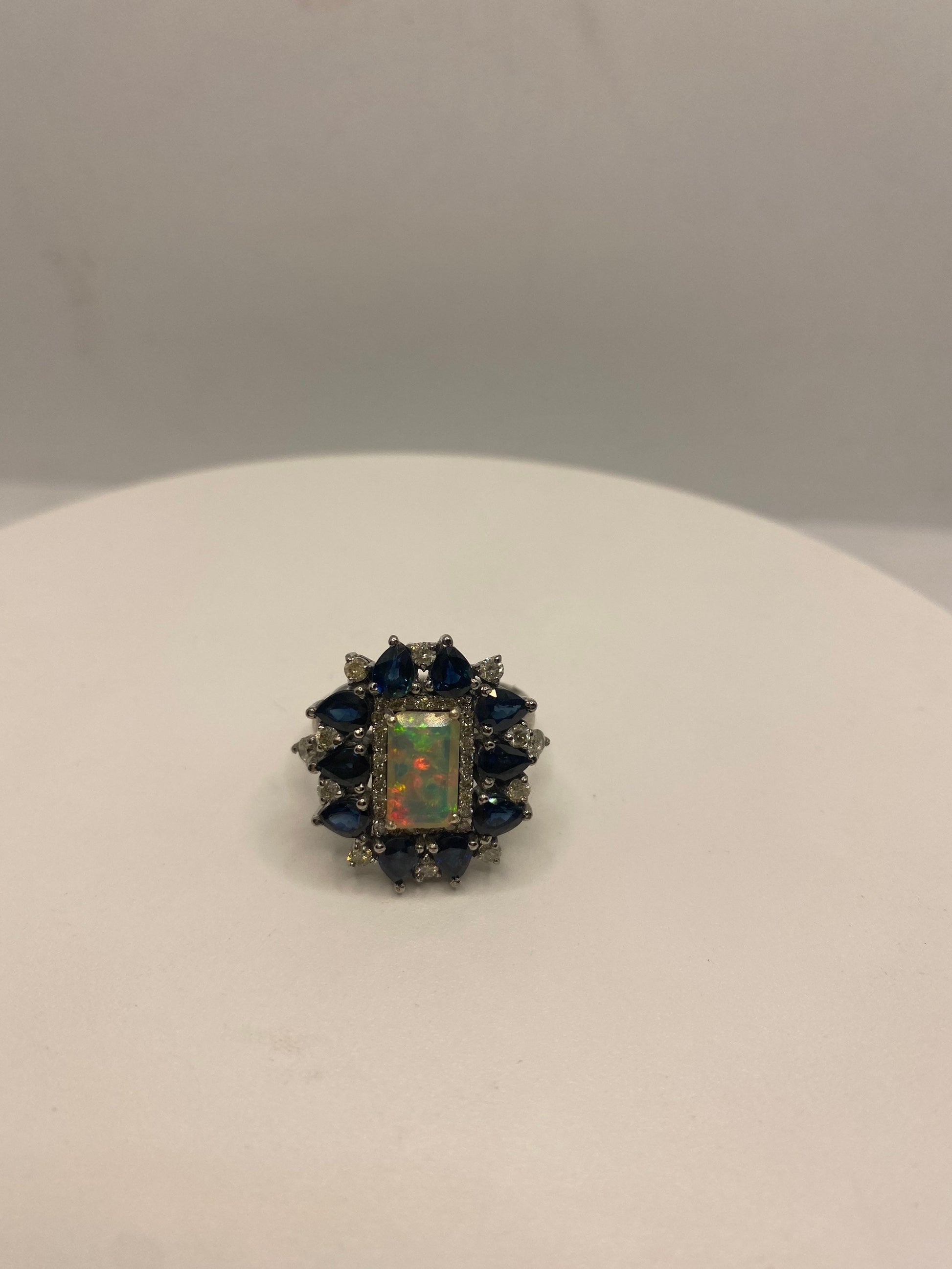 Vintage Fire Opal Sapphire Diamond Cocktail Ring 925 Sterling Silver Size 7