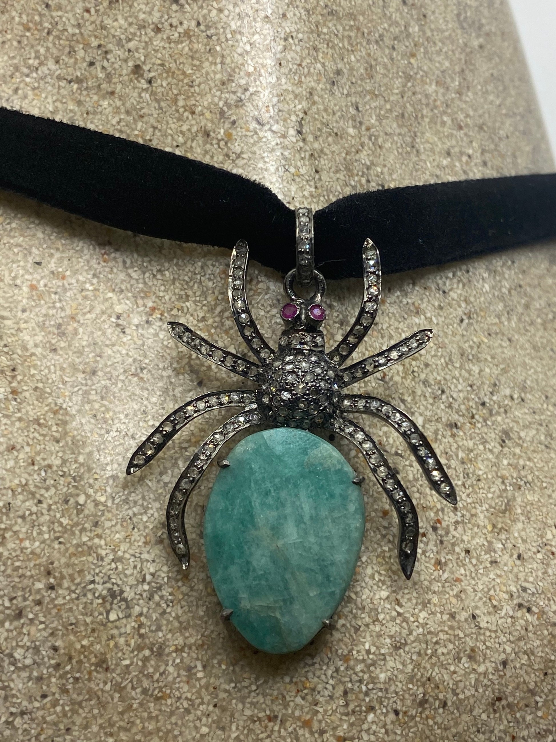 Vintage Diamond Spider Choker 925 Sterling Silver Green Emerald Pendant