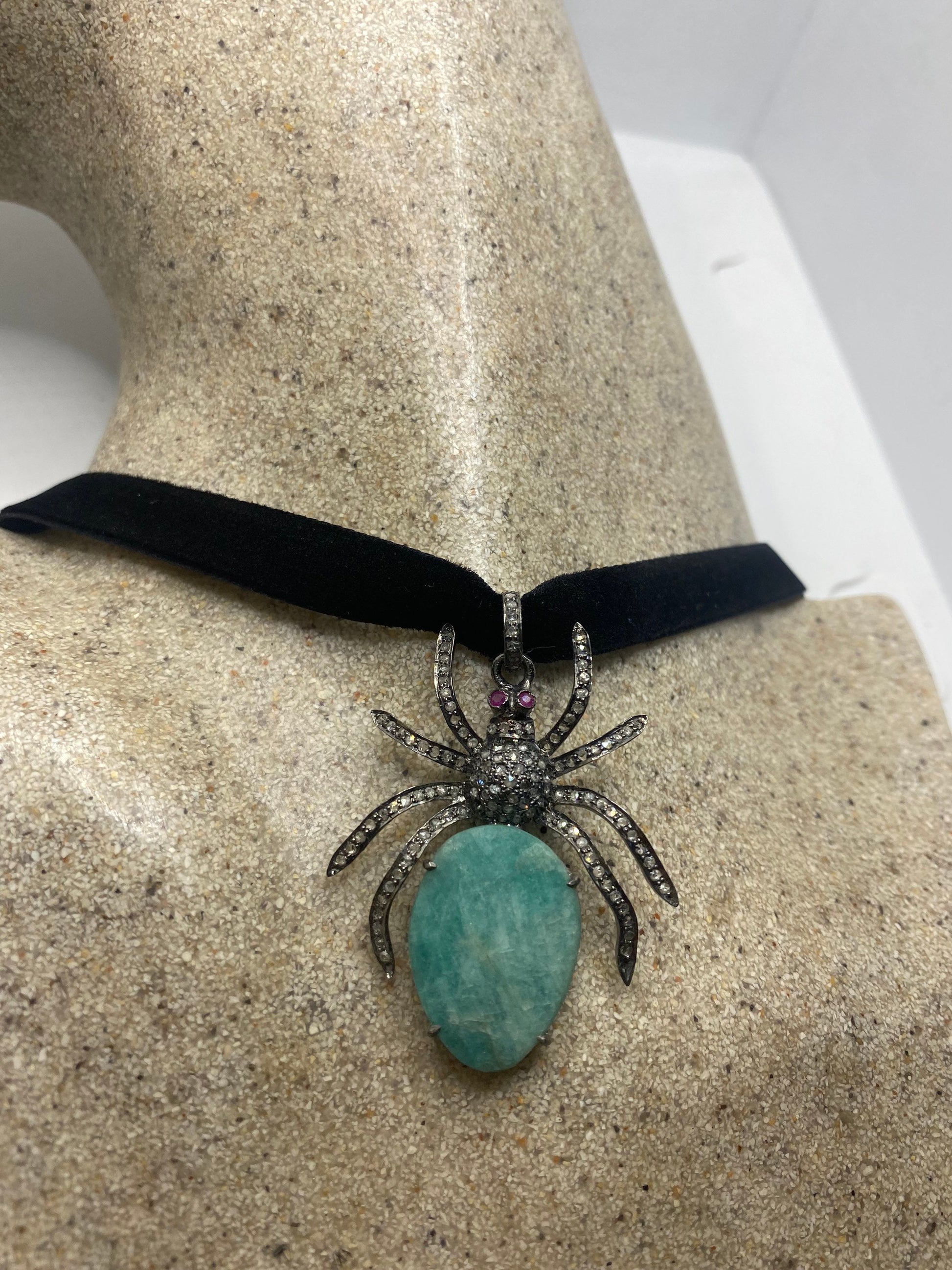 Vintage Diamond Spider Choker 925 Sterling Silver Green Emerald Pendant