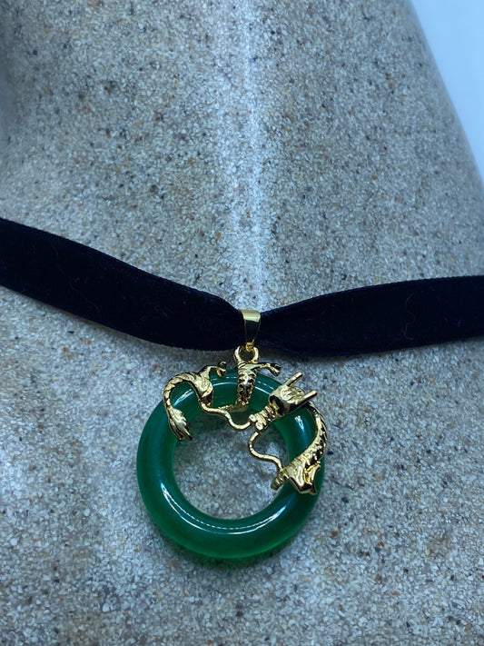 Vintage Green Jade Choker Golden Bronze Dragon Necklace Pendant