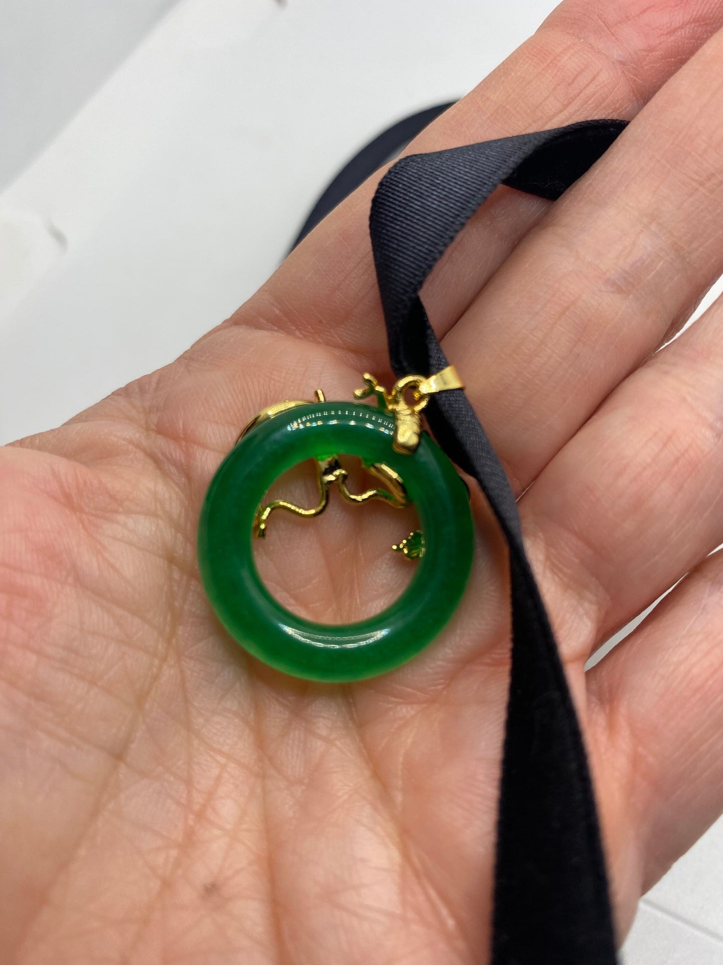 Vintage Green Jade Choker Golden Bronze Dragon Necklace Pendant