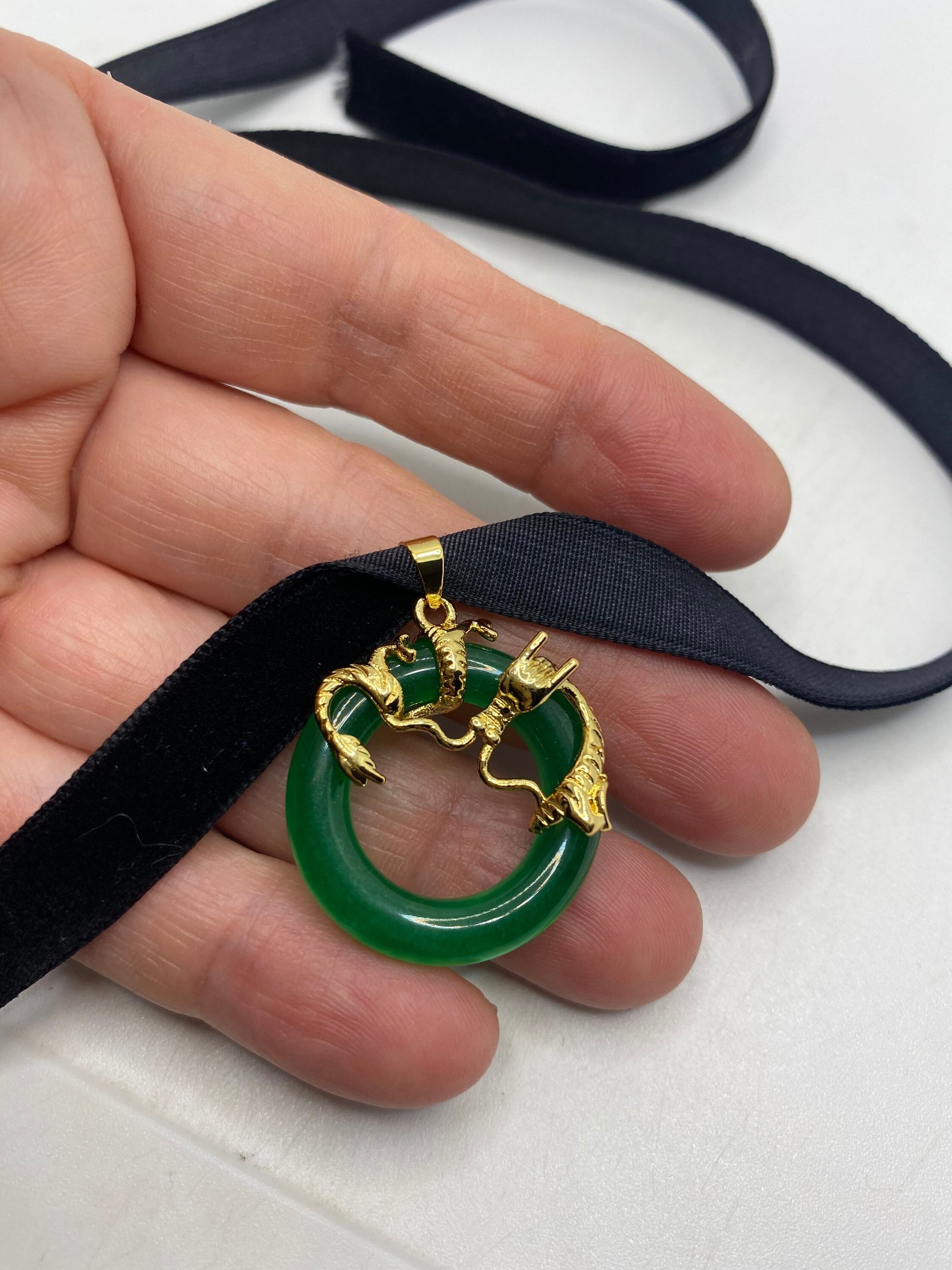 Vintage Green Jade Choker Golden Bronze Dragon Necklace Pendant