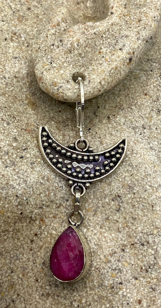 Vintage Raw Ruby LeverBack 925 Sterling Silver Wiccan Moon Earrings