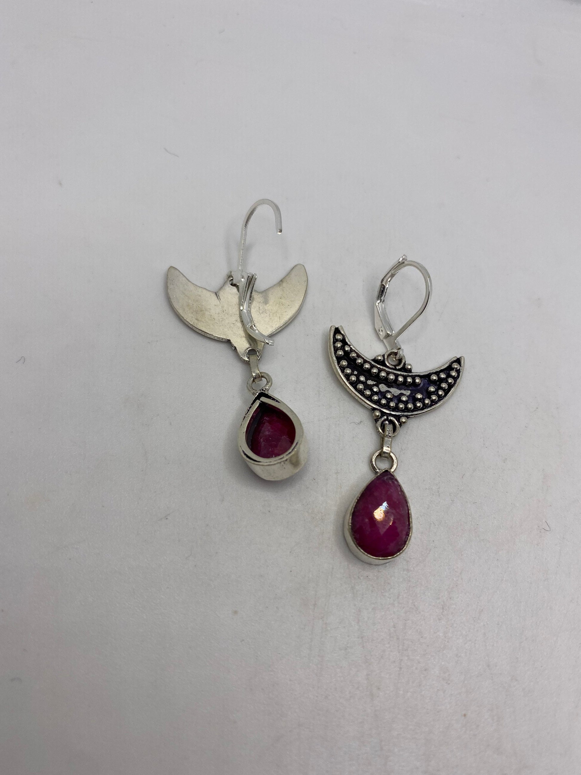 Vintage Raw Ruby LeverBack 925 Sterling Silver Wiccan Moon Earrings