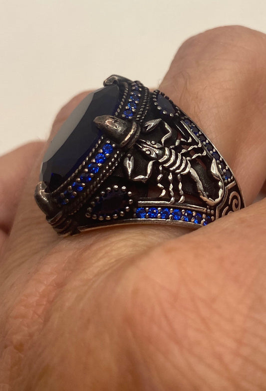 Vintage Cobalt Blue Glass Scorpion Mens Ring in 925 Sterling Silver Persian Genuine