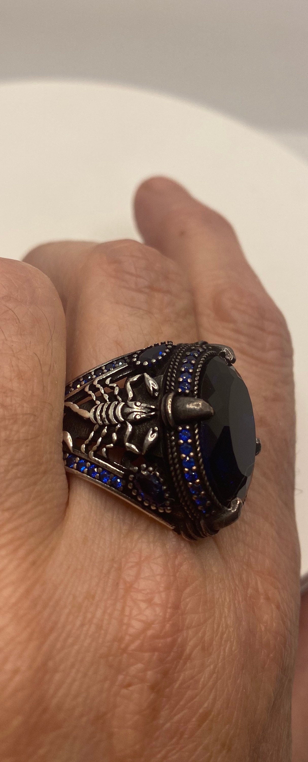 Vintage Cobalt Blue Glass Scorpion Mens Ring in 925 Sterling Silver Persian Genuine