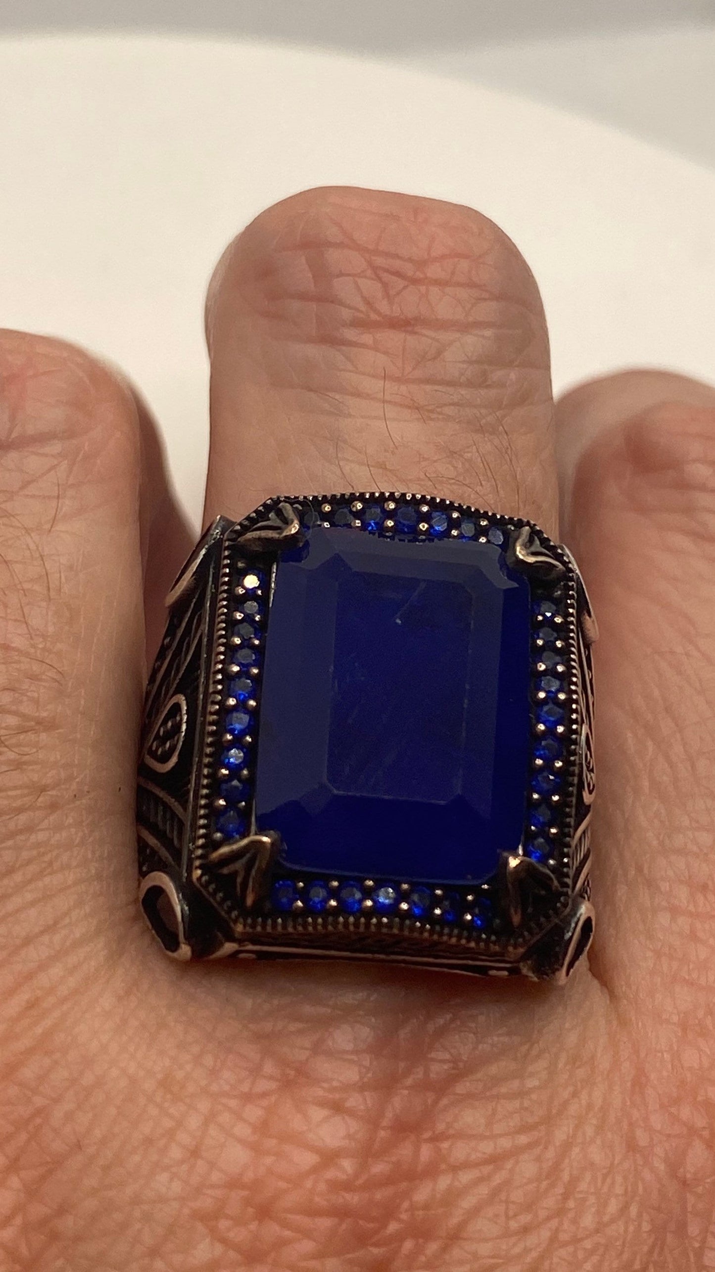 Vintage Cobalt Blue Glass Mens Ring in 925 Sterling Silver