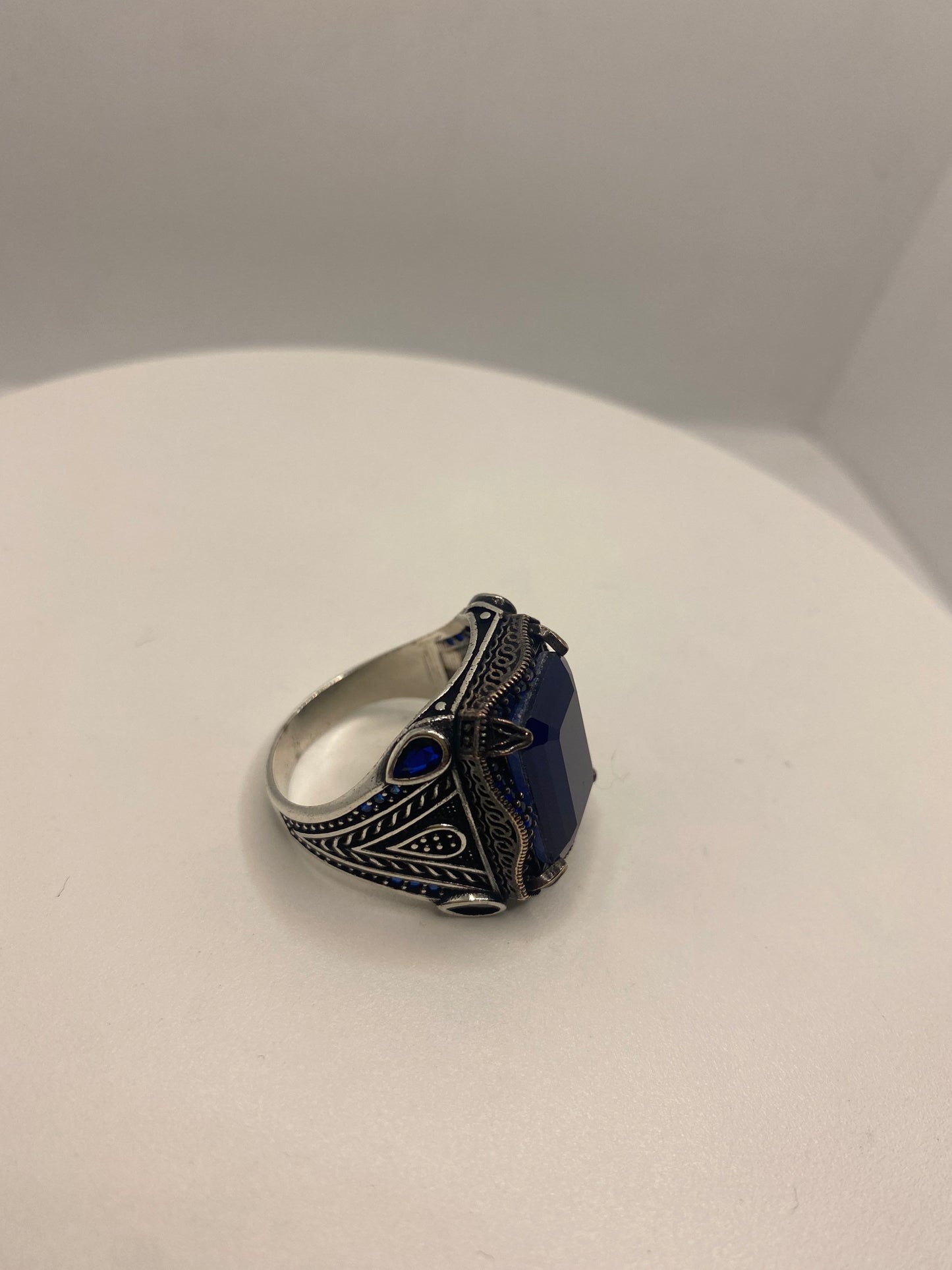 Vintage Cobalt Blue Glass Mens Ring in 925 Sterling Silver