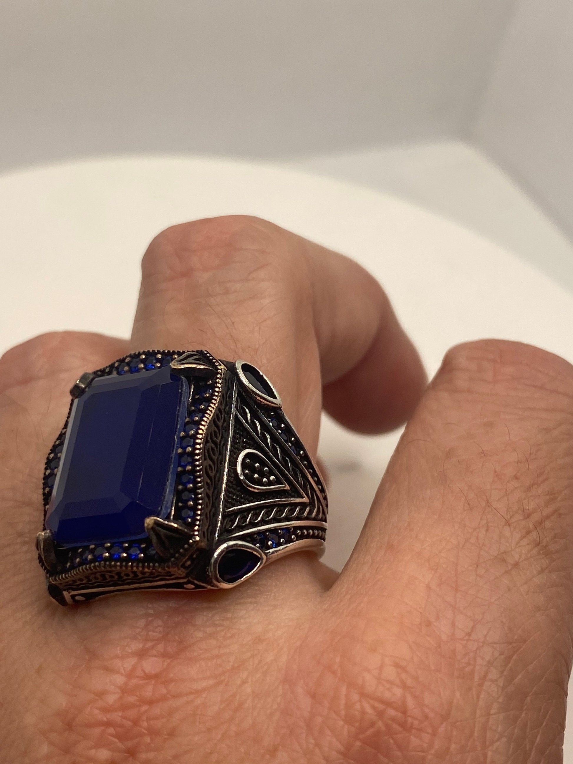 Vintage Cobalt Blue Glass Mens Ring in 925 Sterling Silver