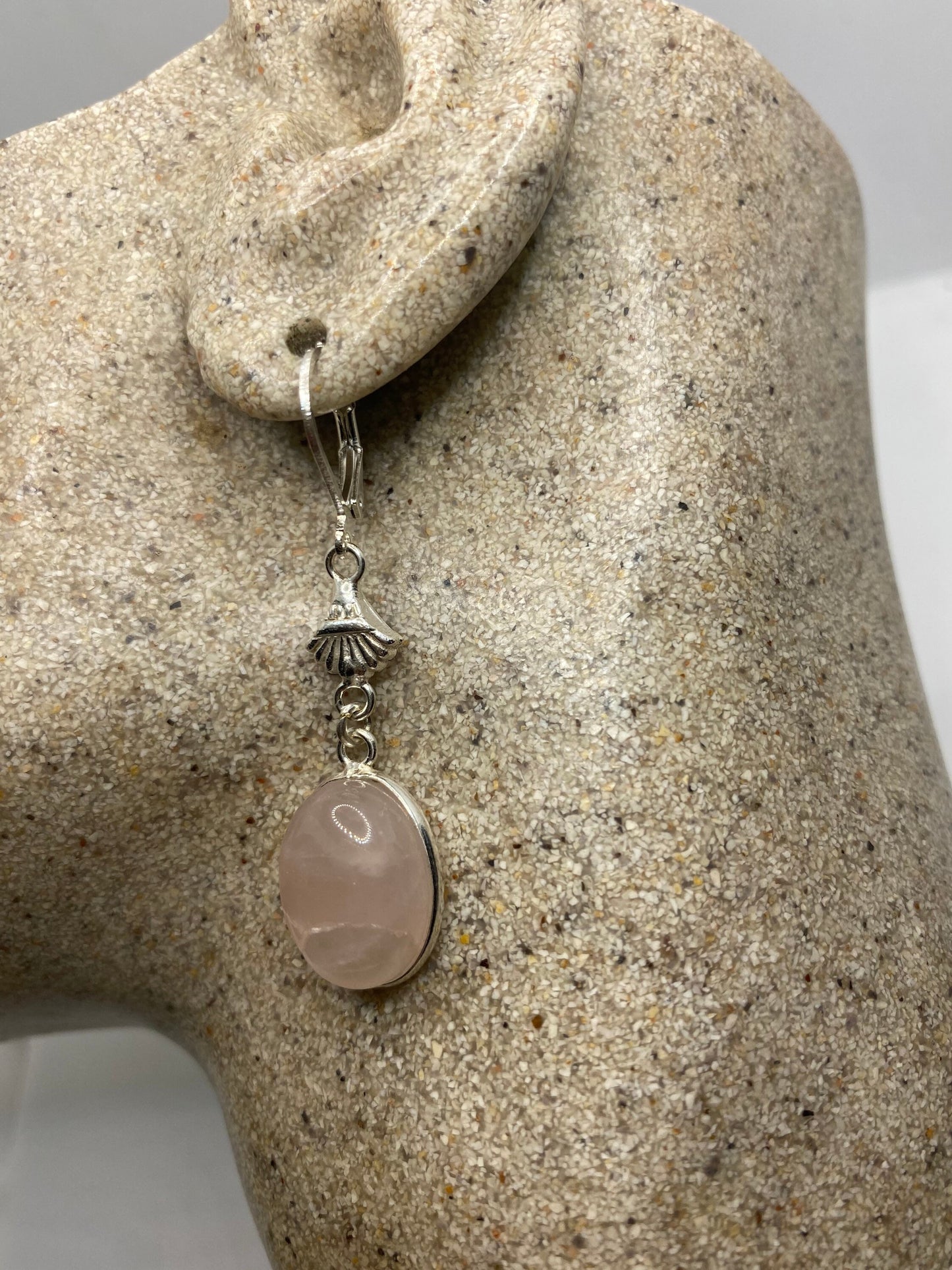 Vintage Rose Quartz Sterling Silver Lever Back Dangle Earrings