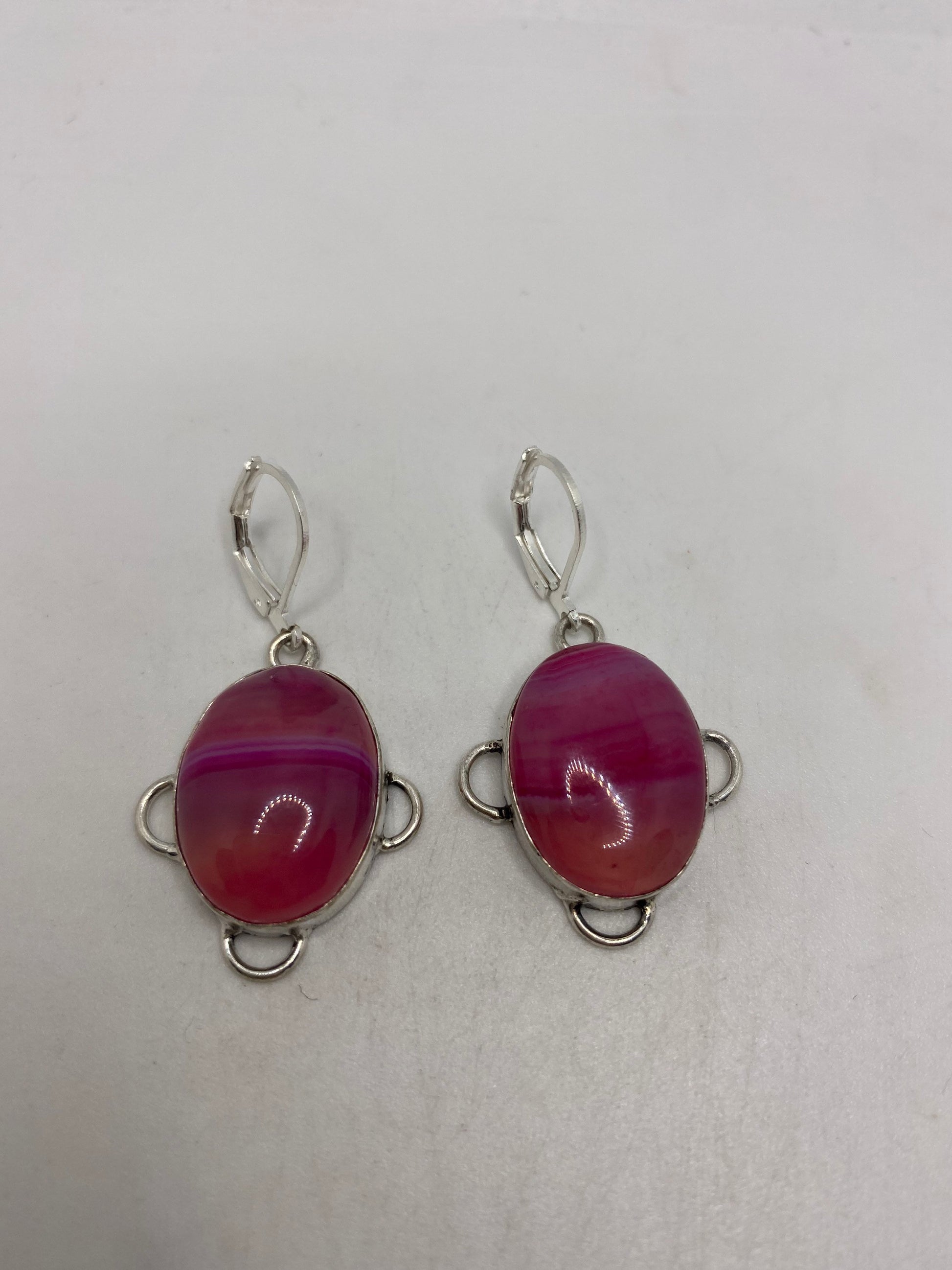 Vintage Pink Banded Agate Silver Dangle Leverback Earrings