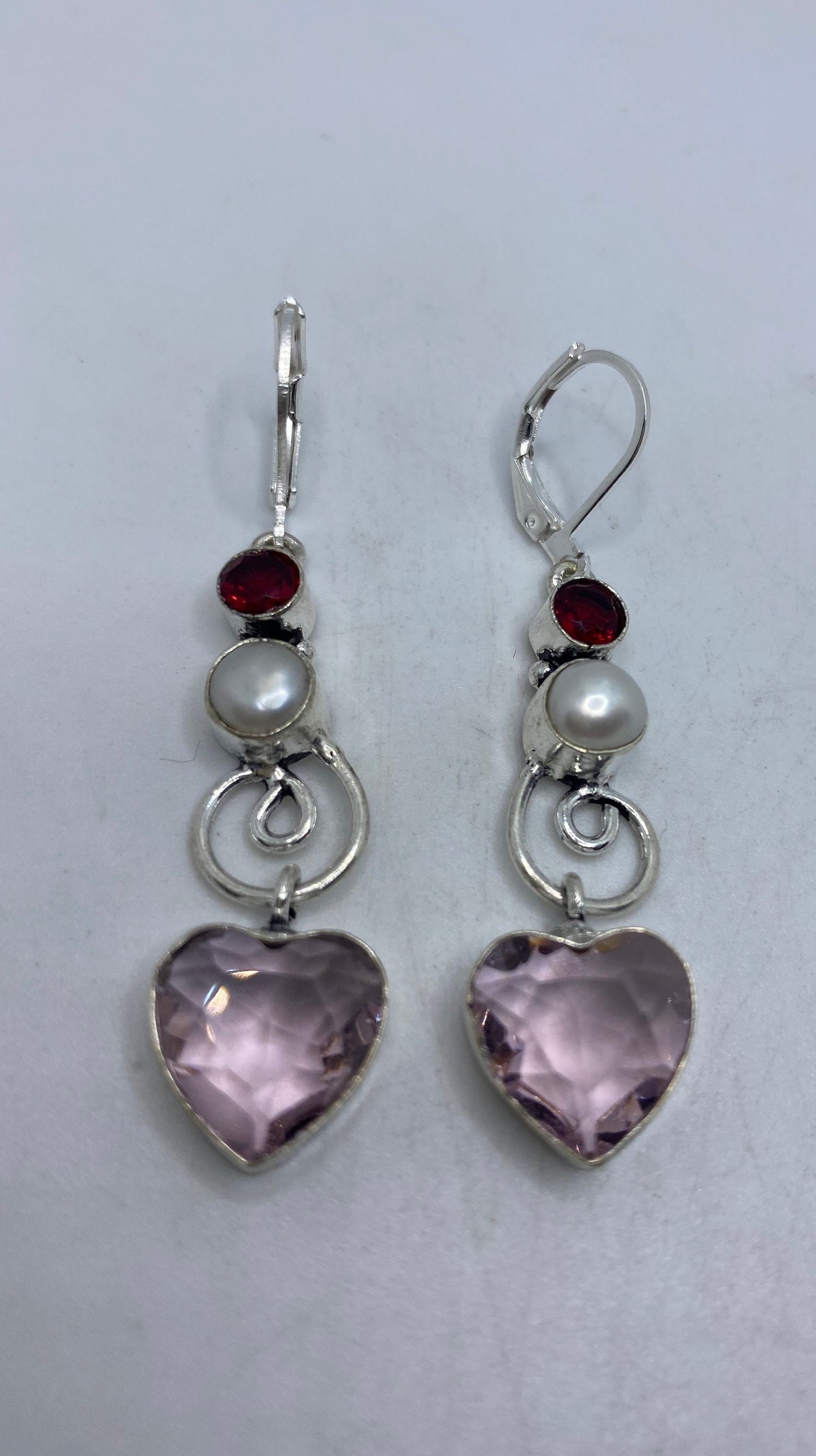 Vintage Rose Quartz Heart Sterling Silver Lever Back Dangle Earrings