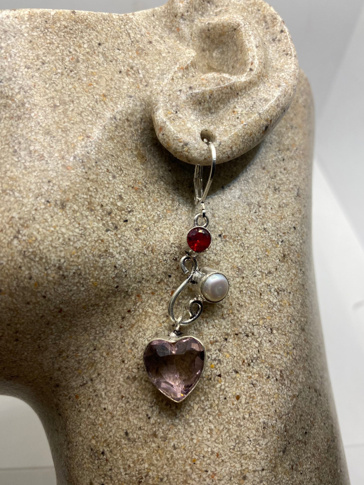 Vintage Rose Quartz Heart Sterling Silver Lever Back Dangle Earrings