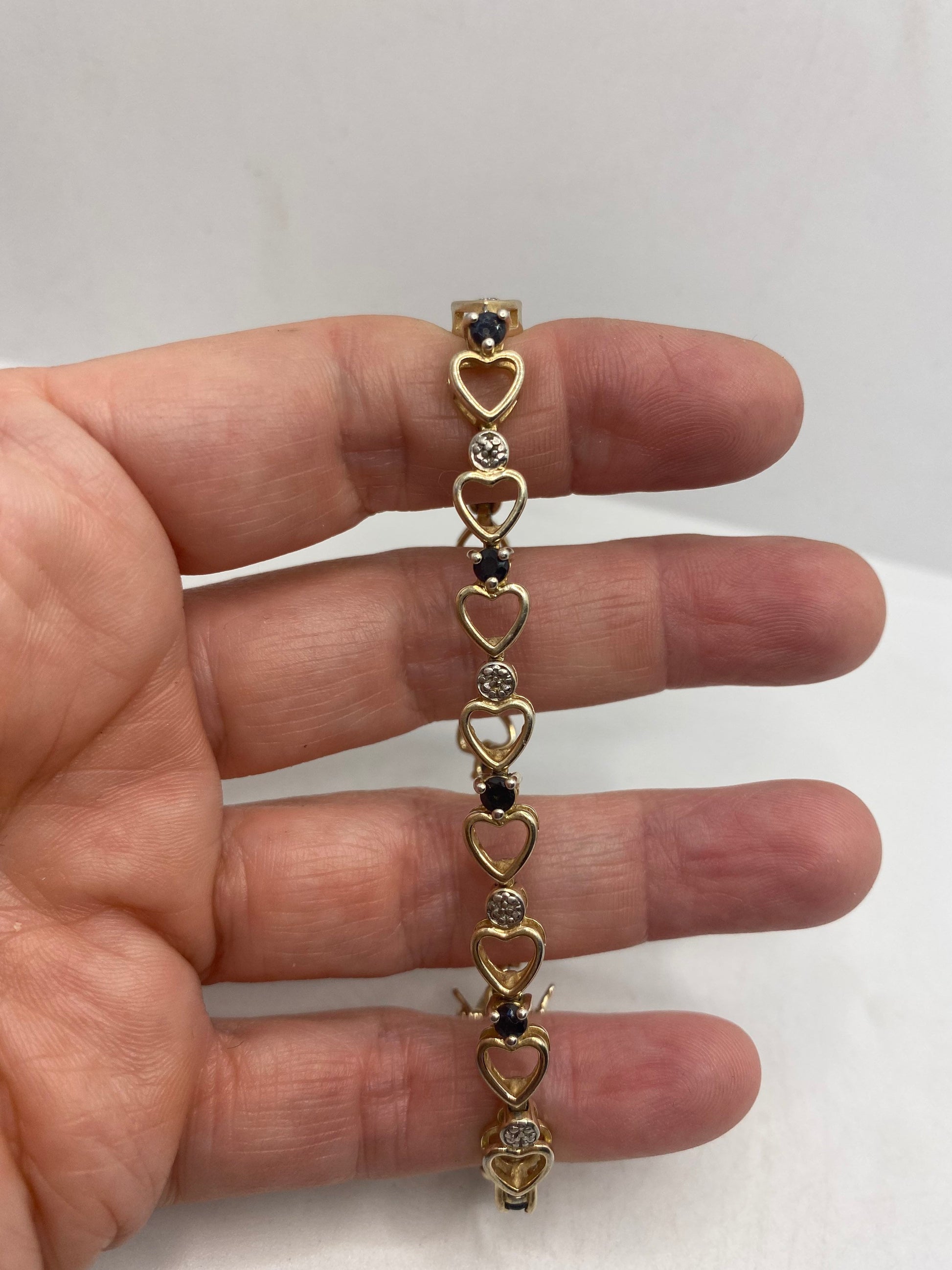 Vintage Diamond Sapphire Heart Bracelet Golden 925 Sterling Silver