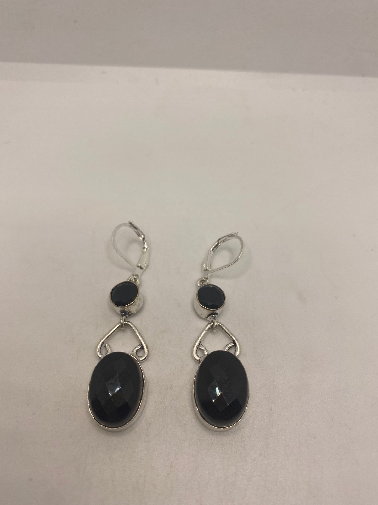 Vintage Black Onyx Earrings 925 Sterling Silver Deco Dangle Chandelier