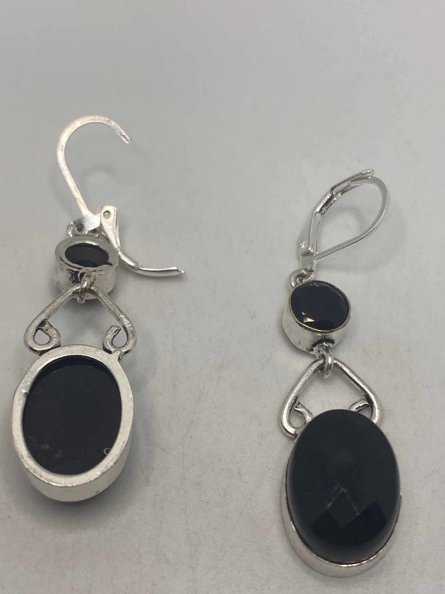 Vintage Black Onyx Earrings 925 Sterling Silver Deco Dangle Chandelier