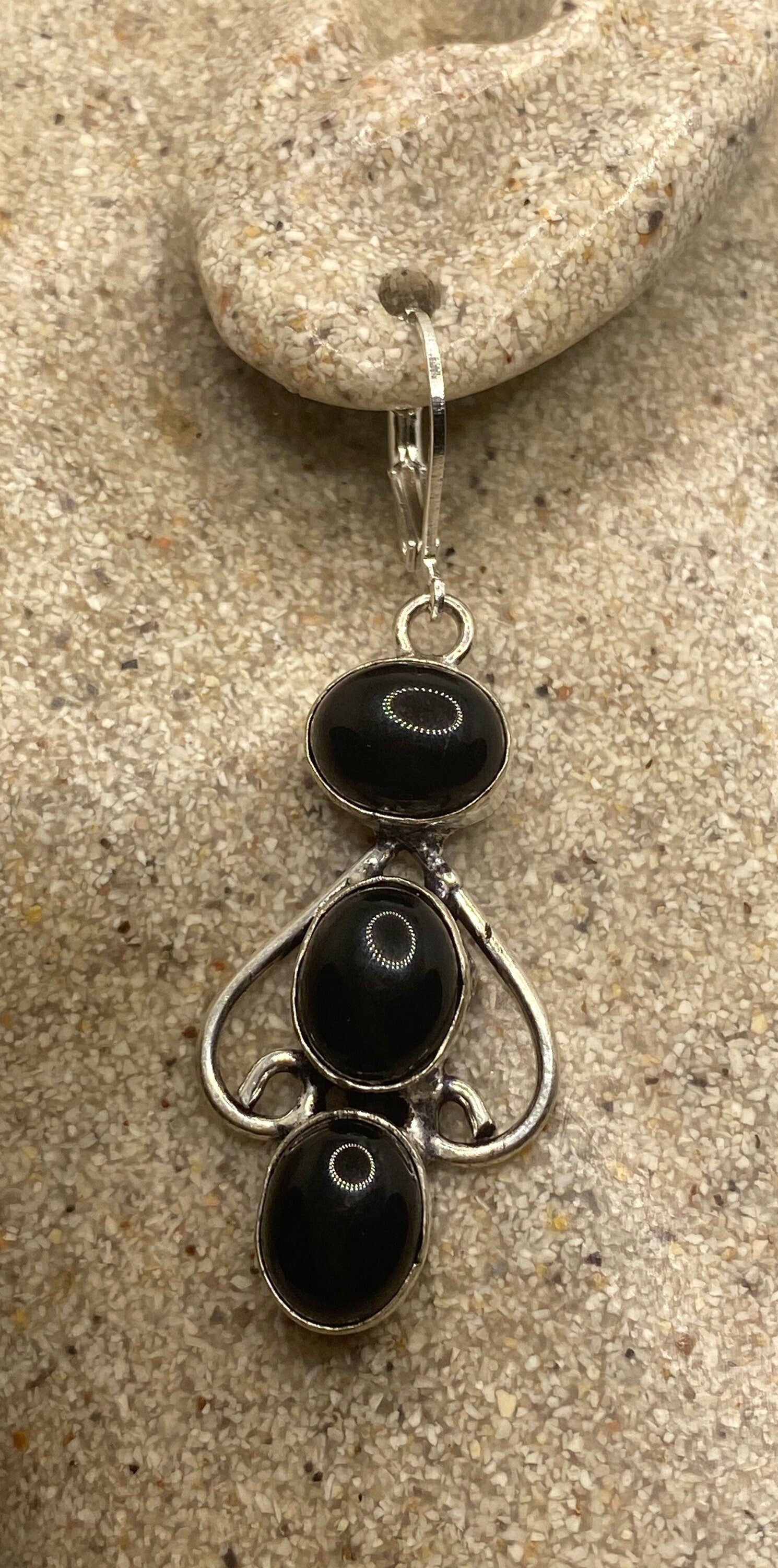 Vintage Black Onyx Earrings 925 Sterling Silver Deco Dangle Chandelier