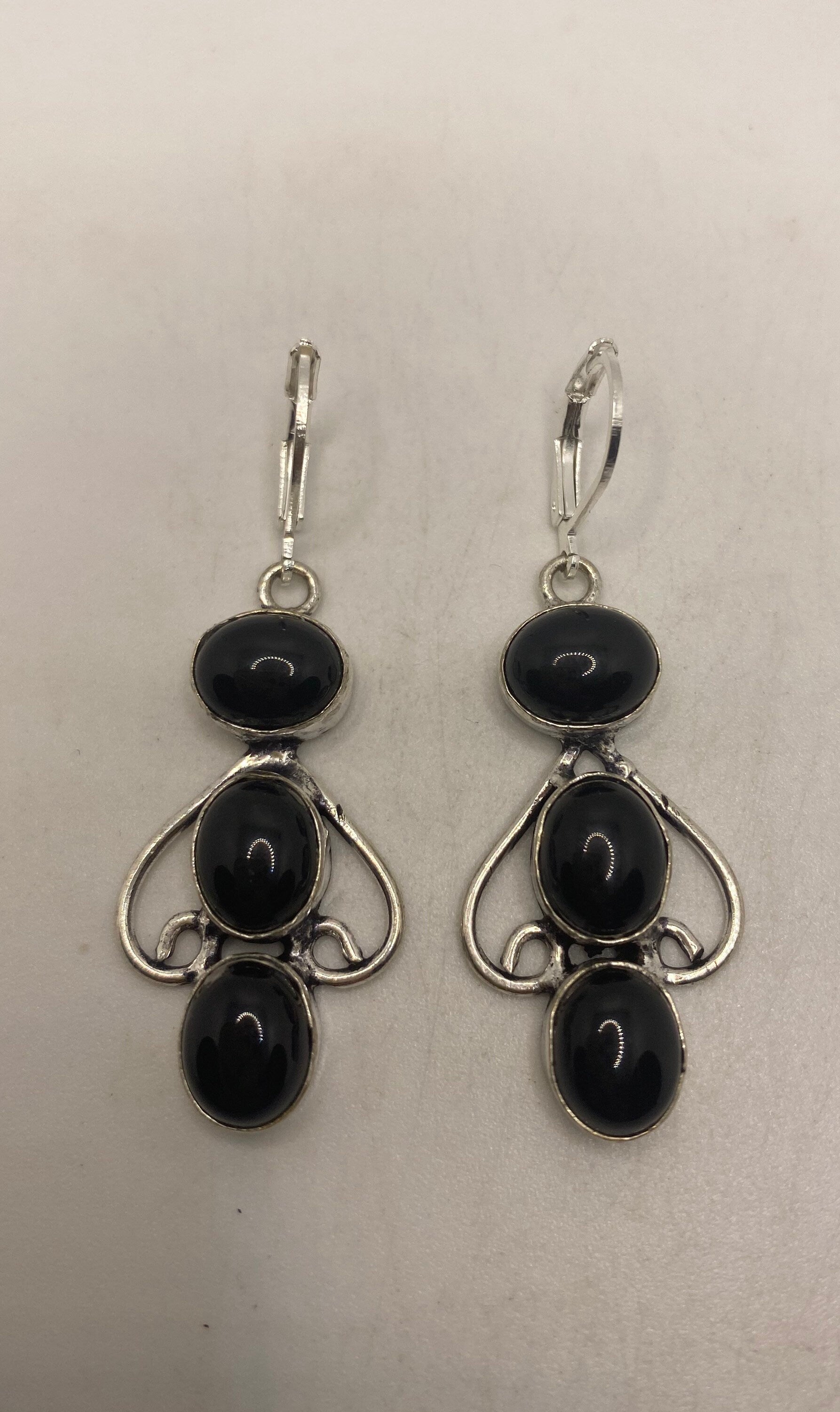 Vintage Black Onyx Earrings 925 Sterling Silver Deco Dangle Chandelier