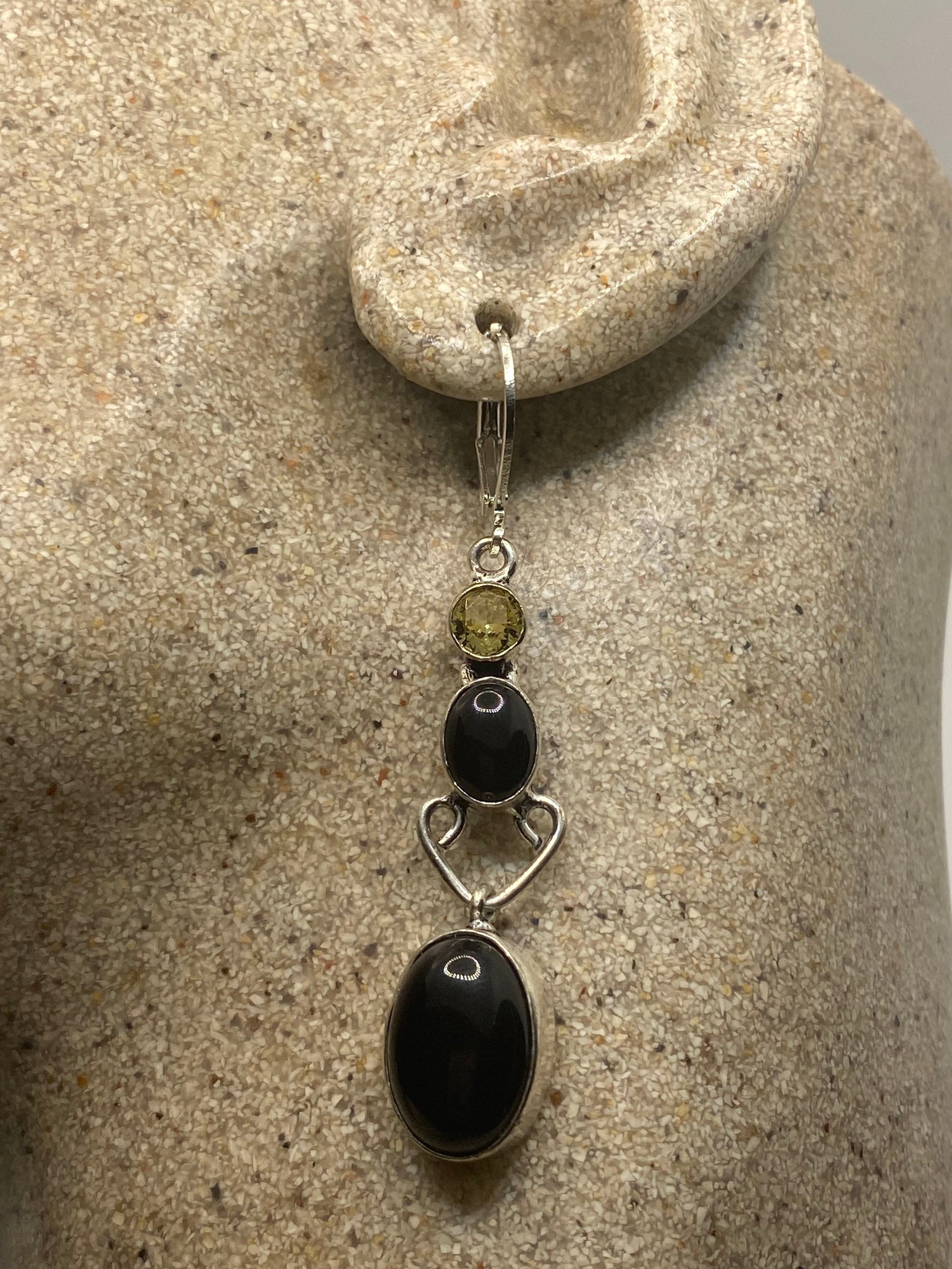 Vintage Black Onyx Earrings 925 Sterling Silver Deco Dangle Chandelier