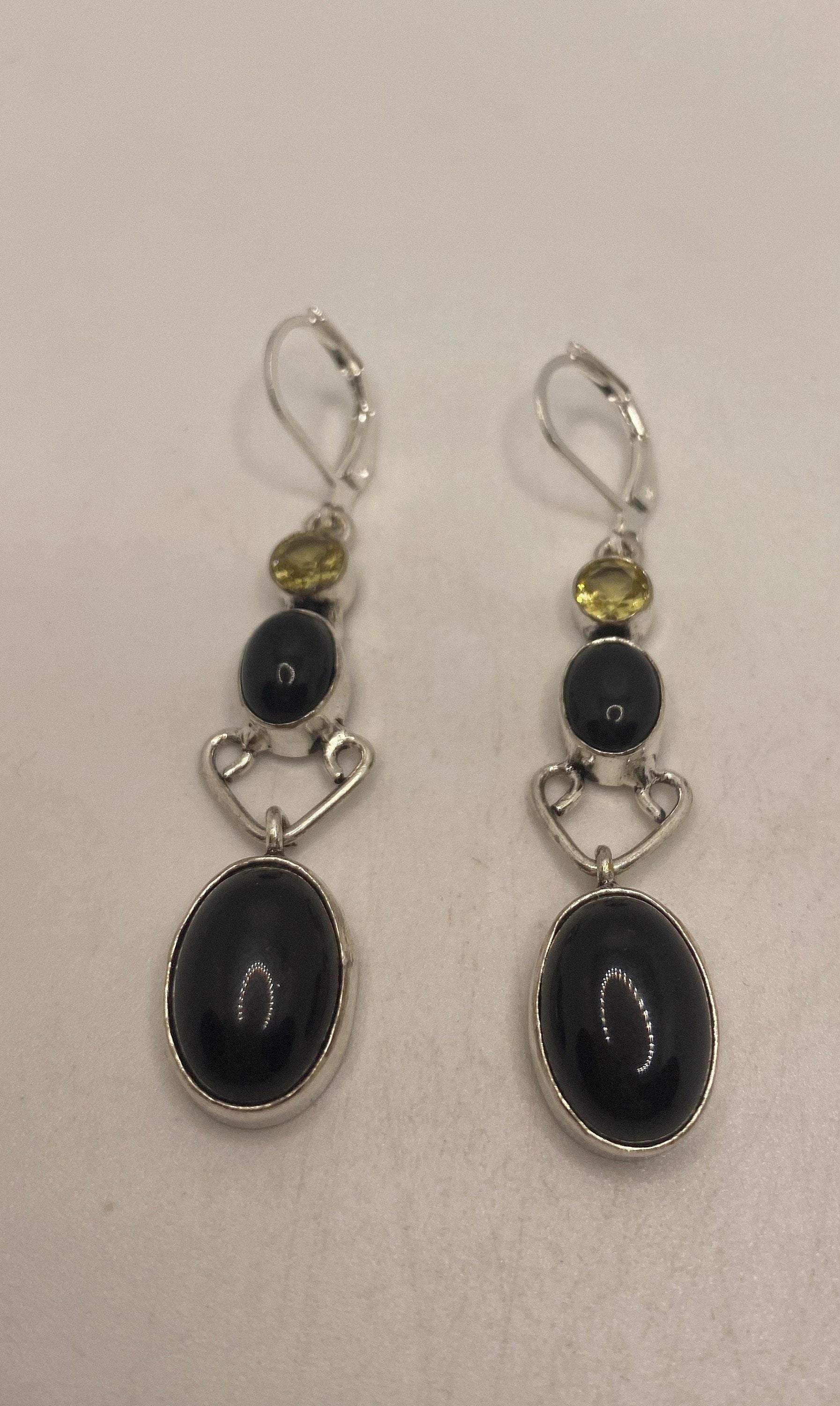 Vintage Black Onyx Earrings 925 Sterling Silver Deco Dangle Chandelier