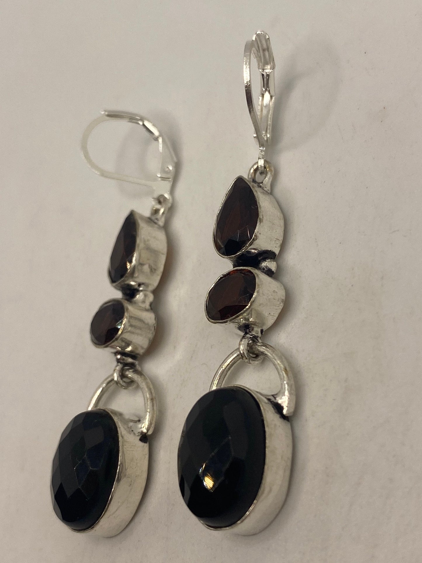 Vintage Black Onyx Earrings 925 Sterling Silver Deco Dangle Chandelier