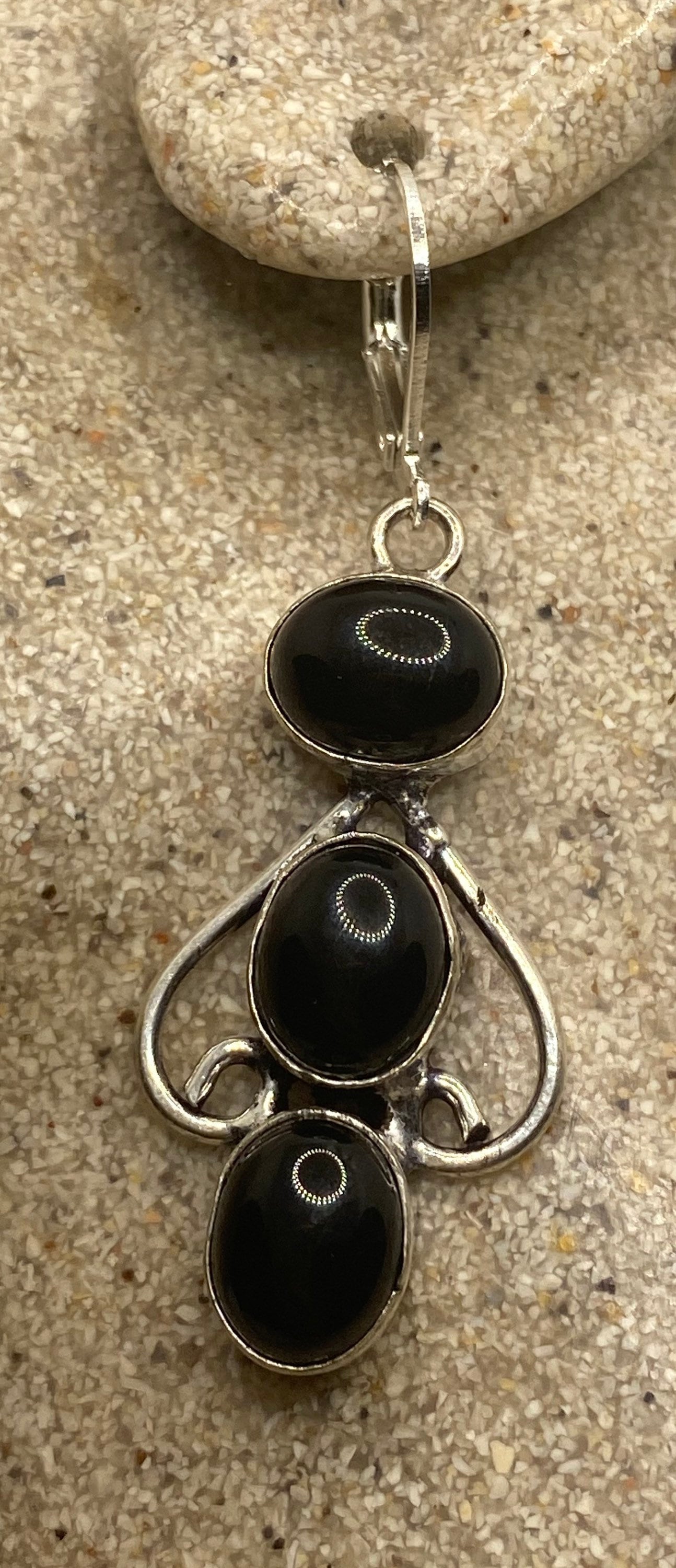 Vintage Black Onyx Earrings 925 Sterling Silver Deco Dangle Chandelier