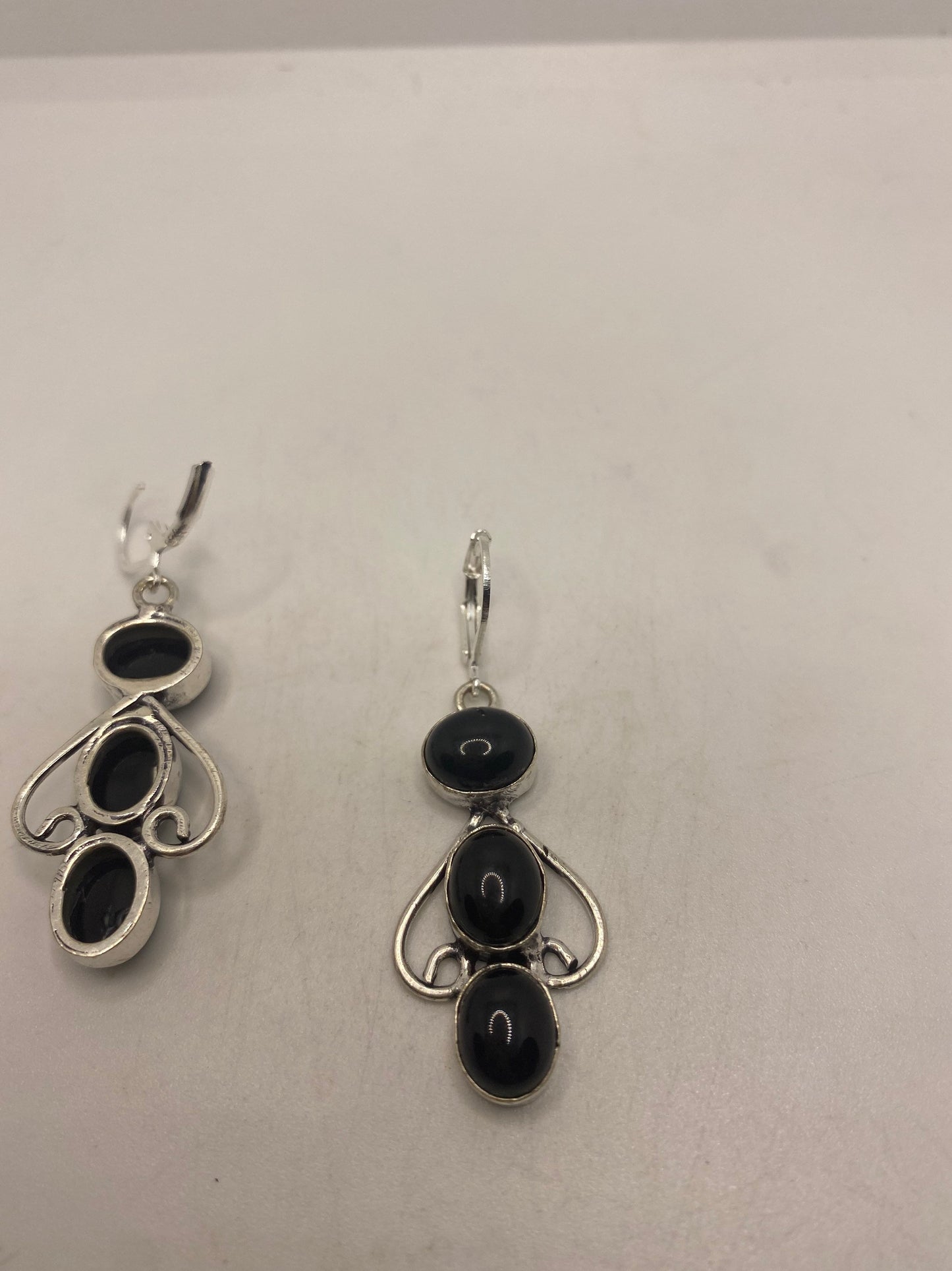 Vintage Black Onyx Earrings 925 Sterling Silver Deco Dangle Chandelier