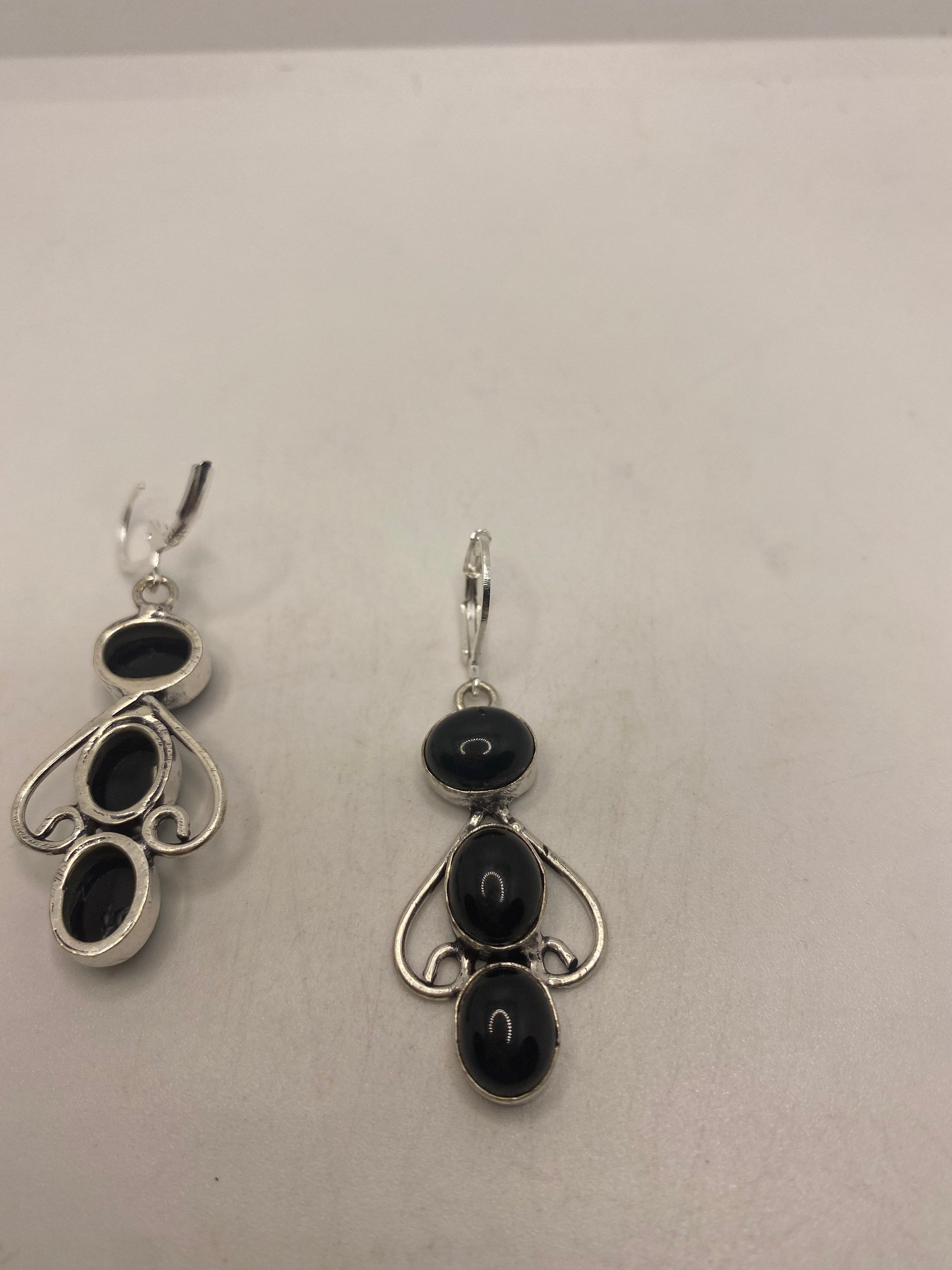 Vintage Black Onyx Earrings 925 Sterling Silver Deco Dangle Chandelier