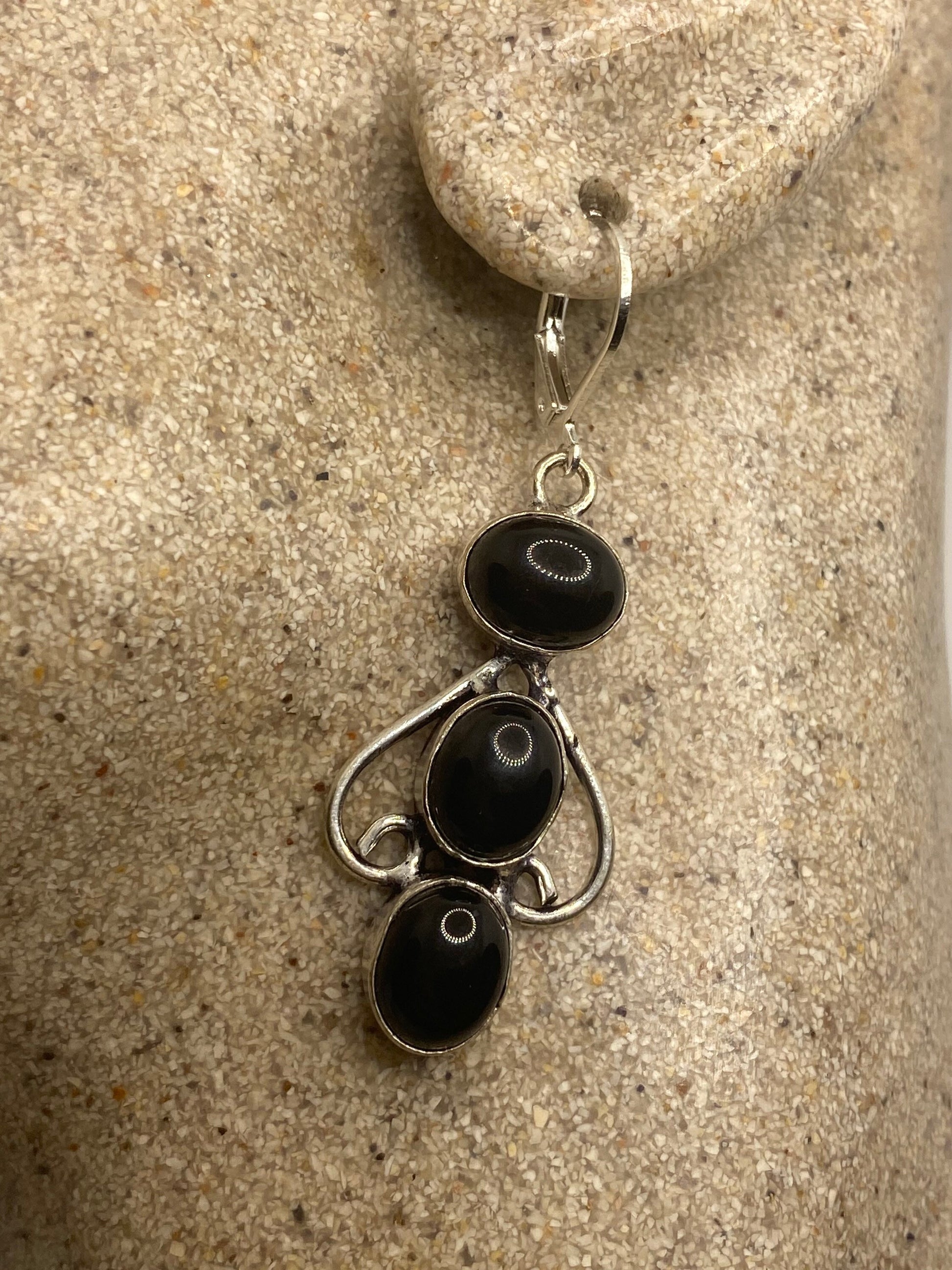 Vintage Black Onyx Earrings 925 Sterling Silver Deco Dangle Chandelier