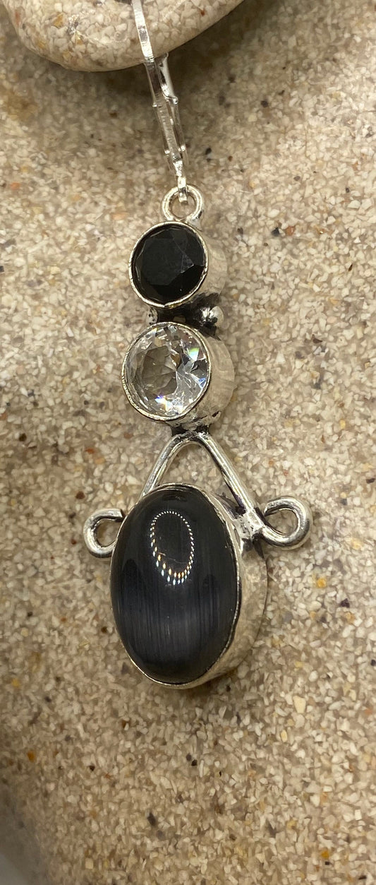 Vintage Lab Black Cats Eye 925 Sterling Silver Deco Dangle Earrings