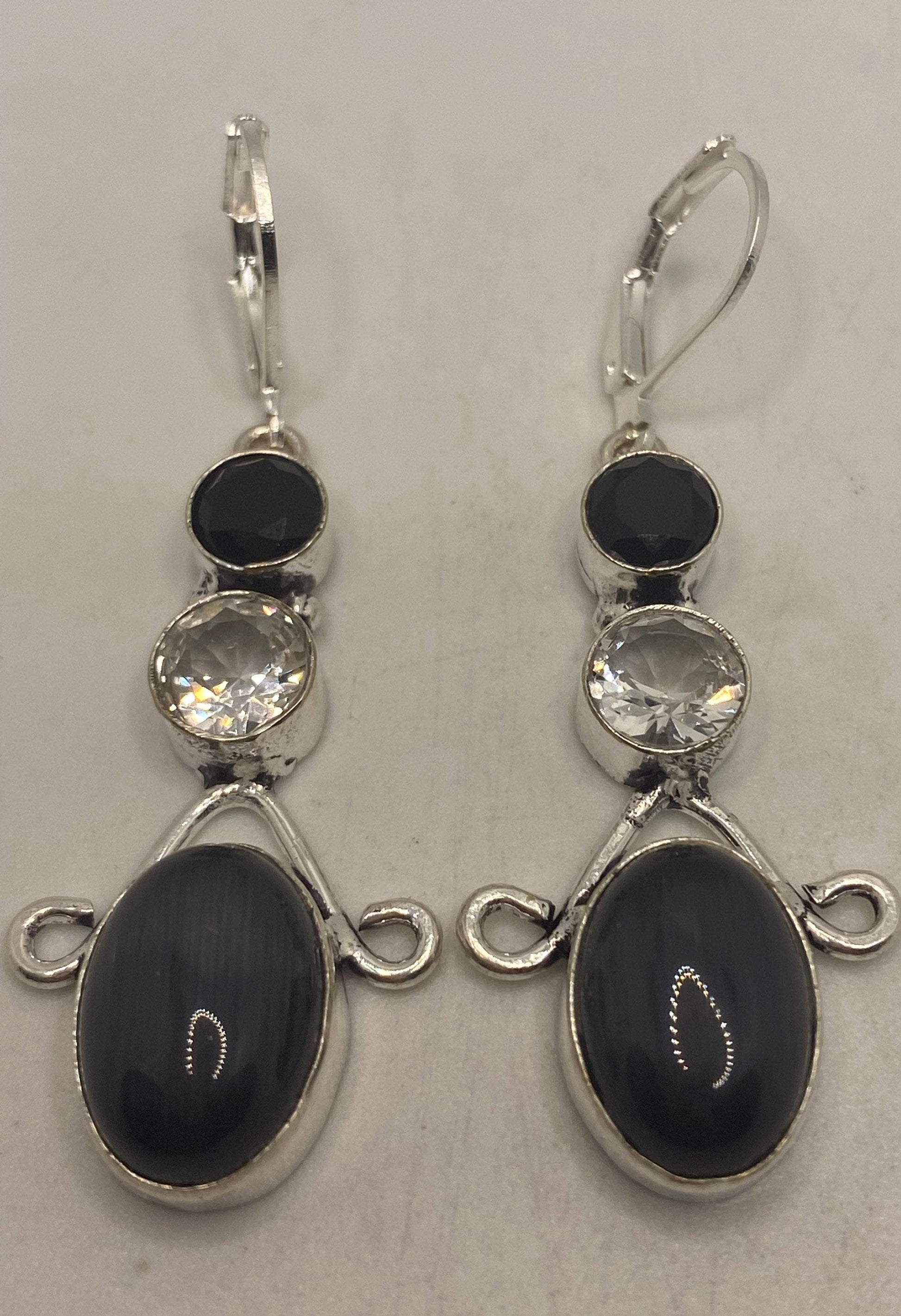 Vintage Lab Black Cats Eye 925 Sterling Silver Deco Dangle Earrings