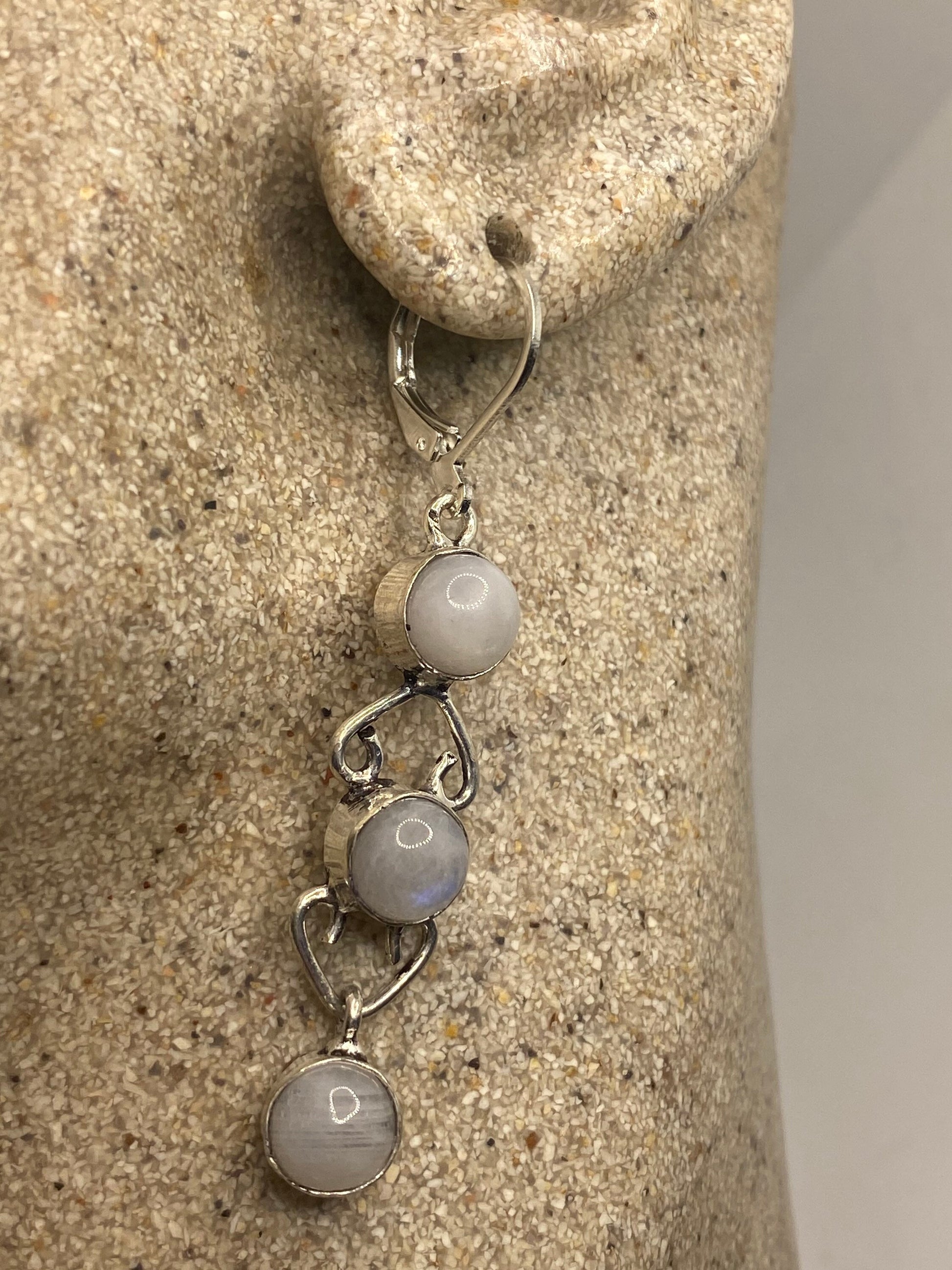 Vintage Rainbow Moonstone Sterling Silver Lever Back Dangle Earrings