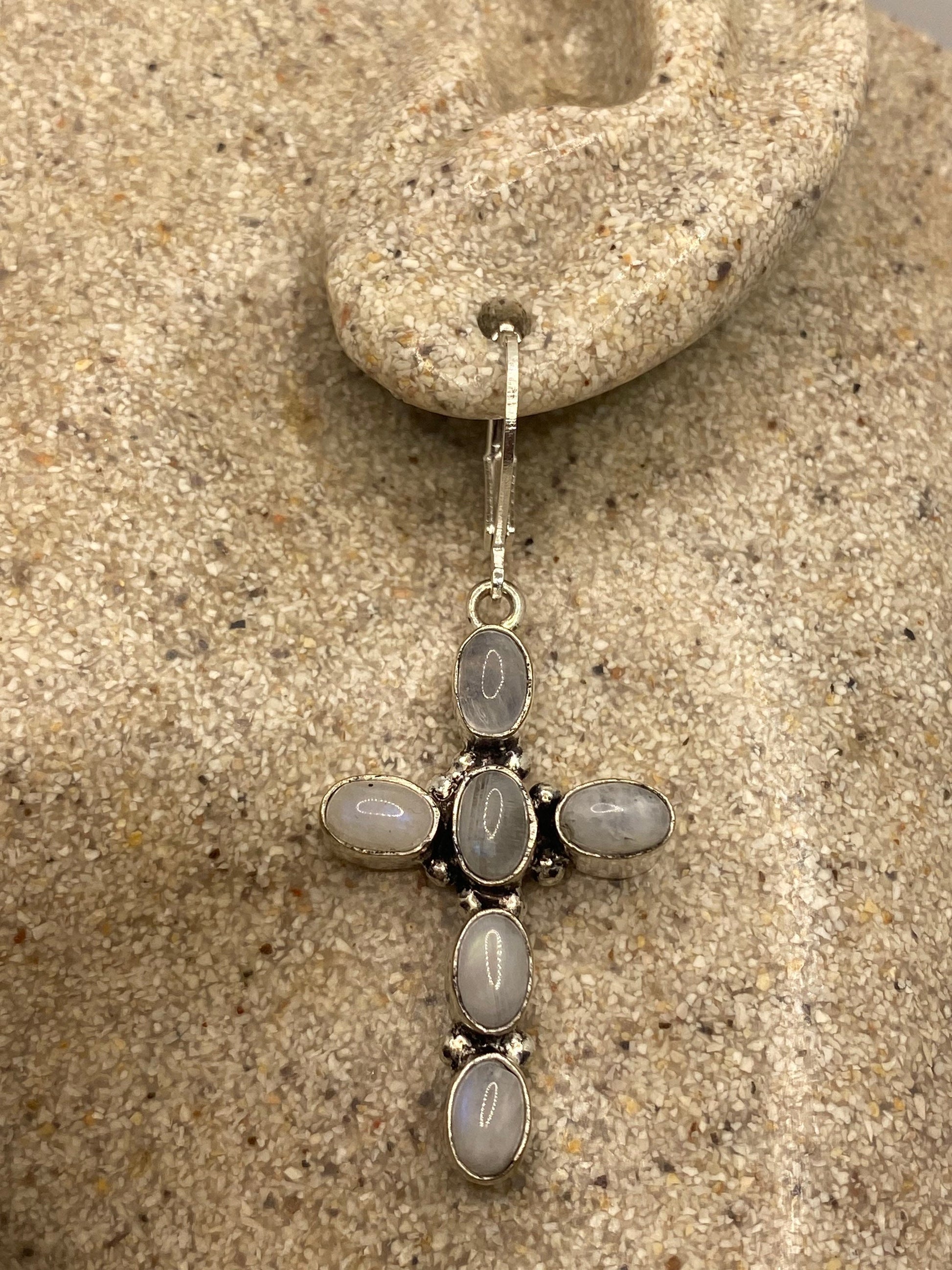 Vintage Rainbow Moonstone Cross Sterling Silver Lever Back Dangle Earrings