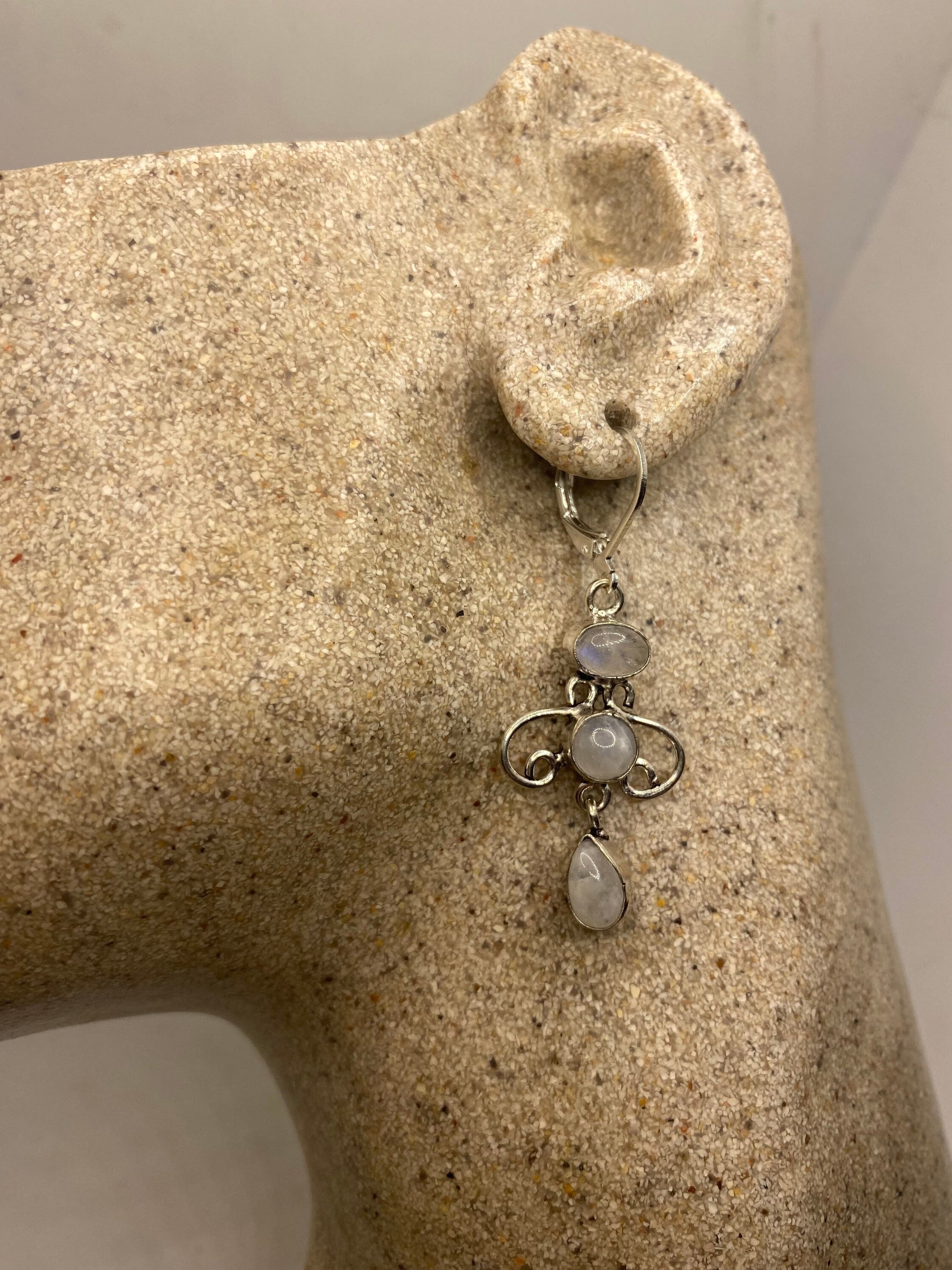 Vintage Rainbow Moonstone Sterling Silver Lever Back Dangle Earrings