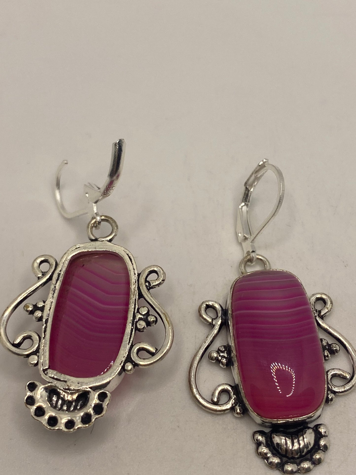 Vintage Pink Banded Agate Silver Dangle Leverback Earrings