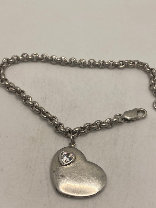 Vintage 925 Sterling Silver Chain Link Heart Charm Bracelet