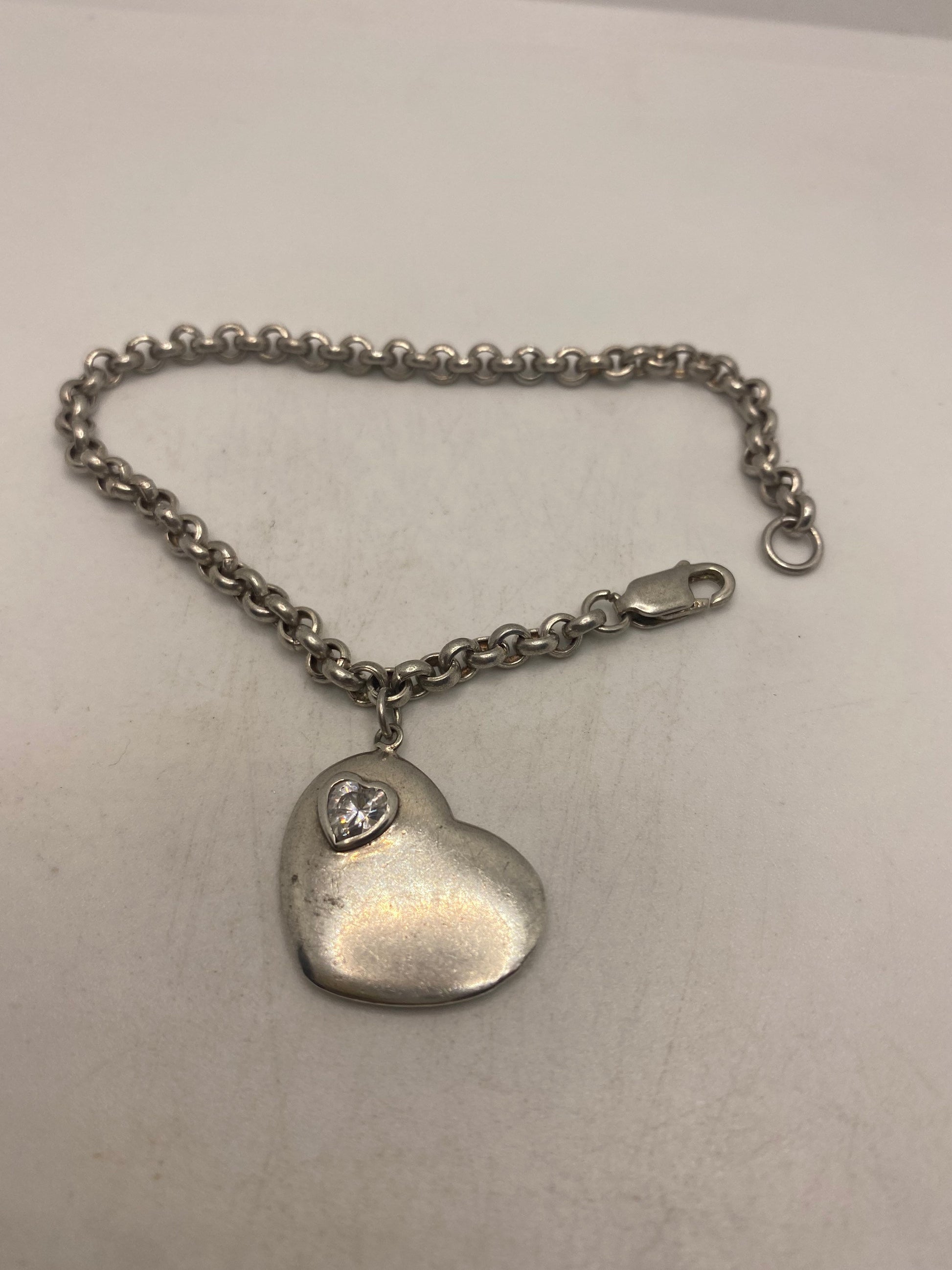 Vintage 925 Sterling Silver Chain Link Heart Charm Bracelet