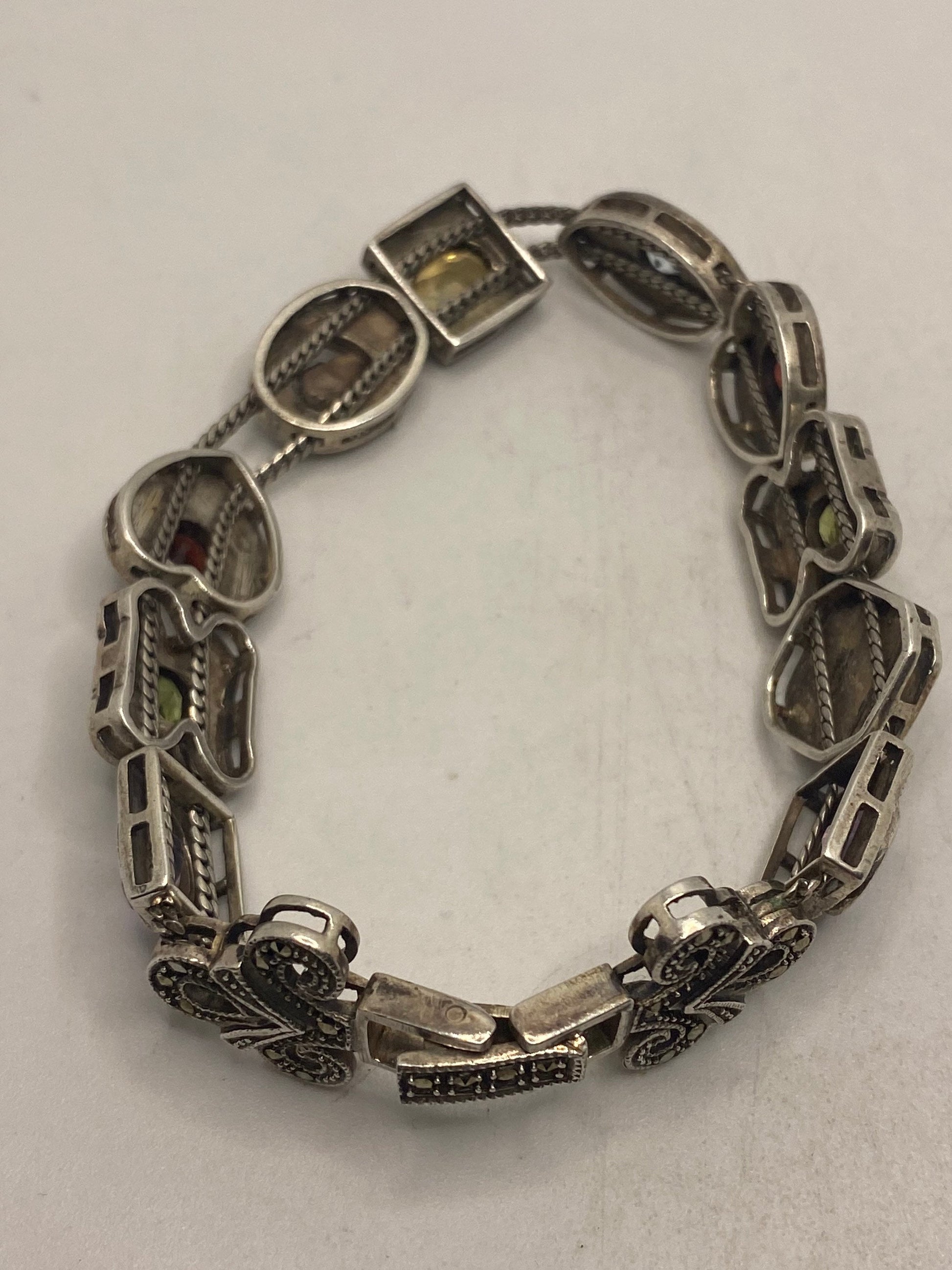 Marcasite Bracelet in 925 Sterling Silver Vintage Slide Charm 7.5 Inch
