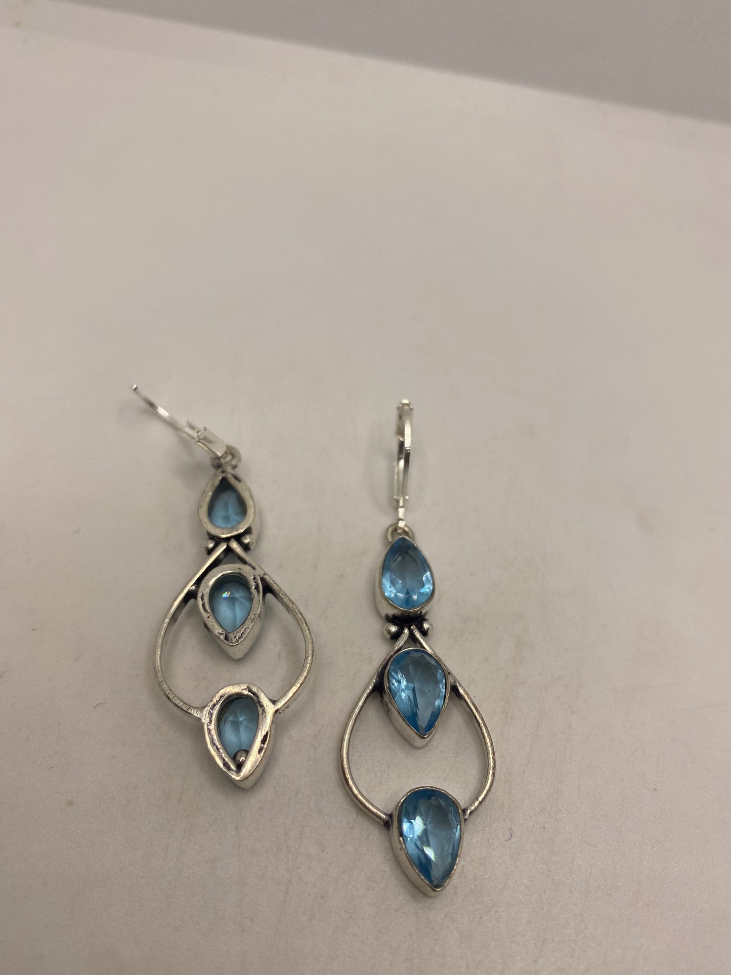 Vintage Blue Topaz LeverBack Earrings 925 Sterling Silver Dangle