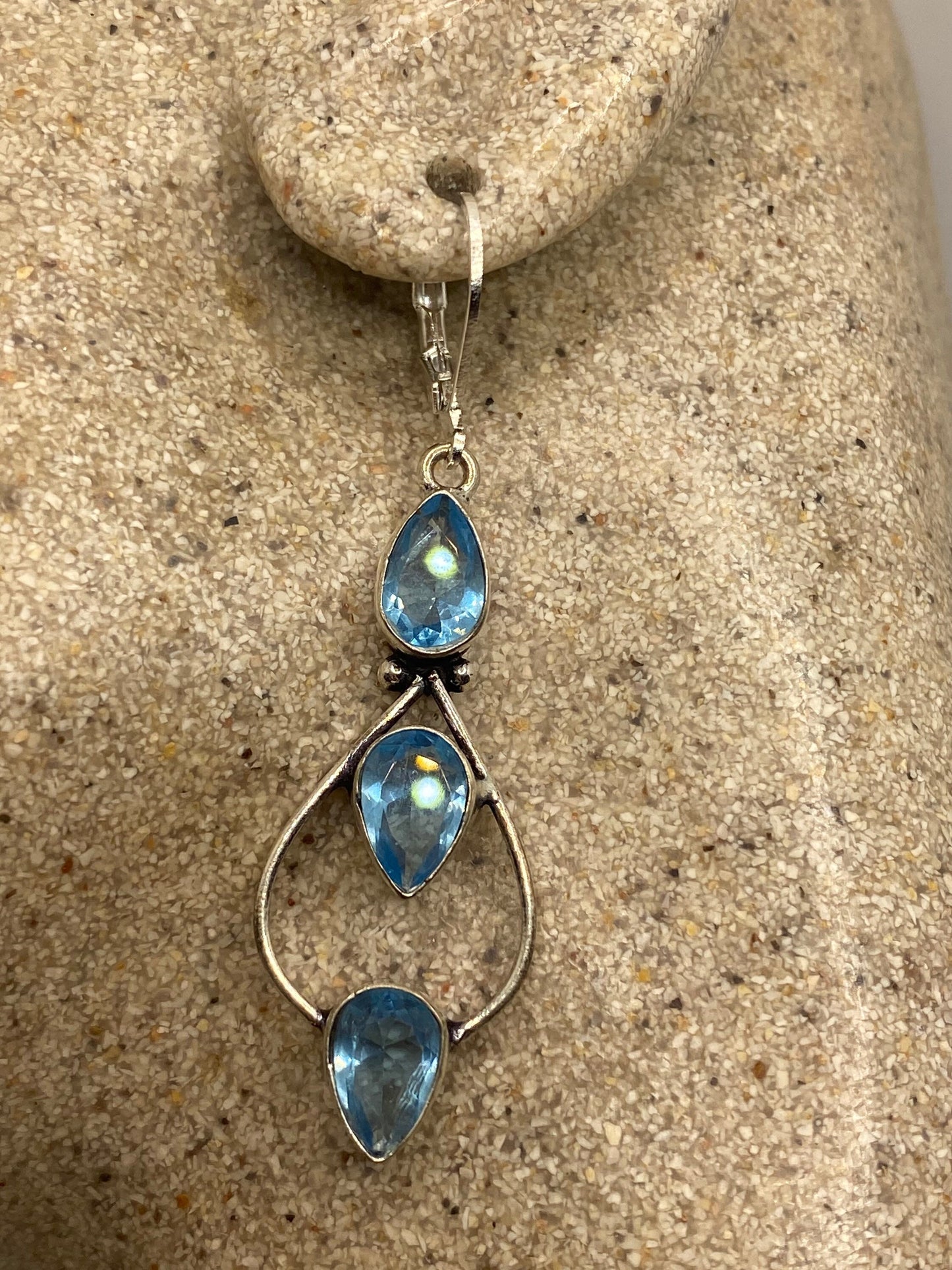 Vintage Blue Topaz LeverBack Earrings 925 Sterling Silver Dangle