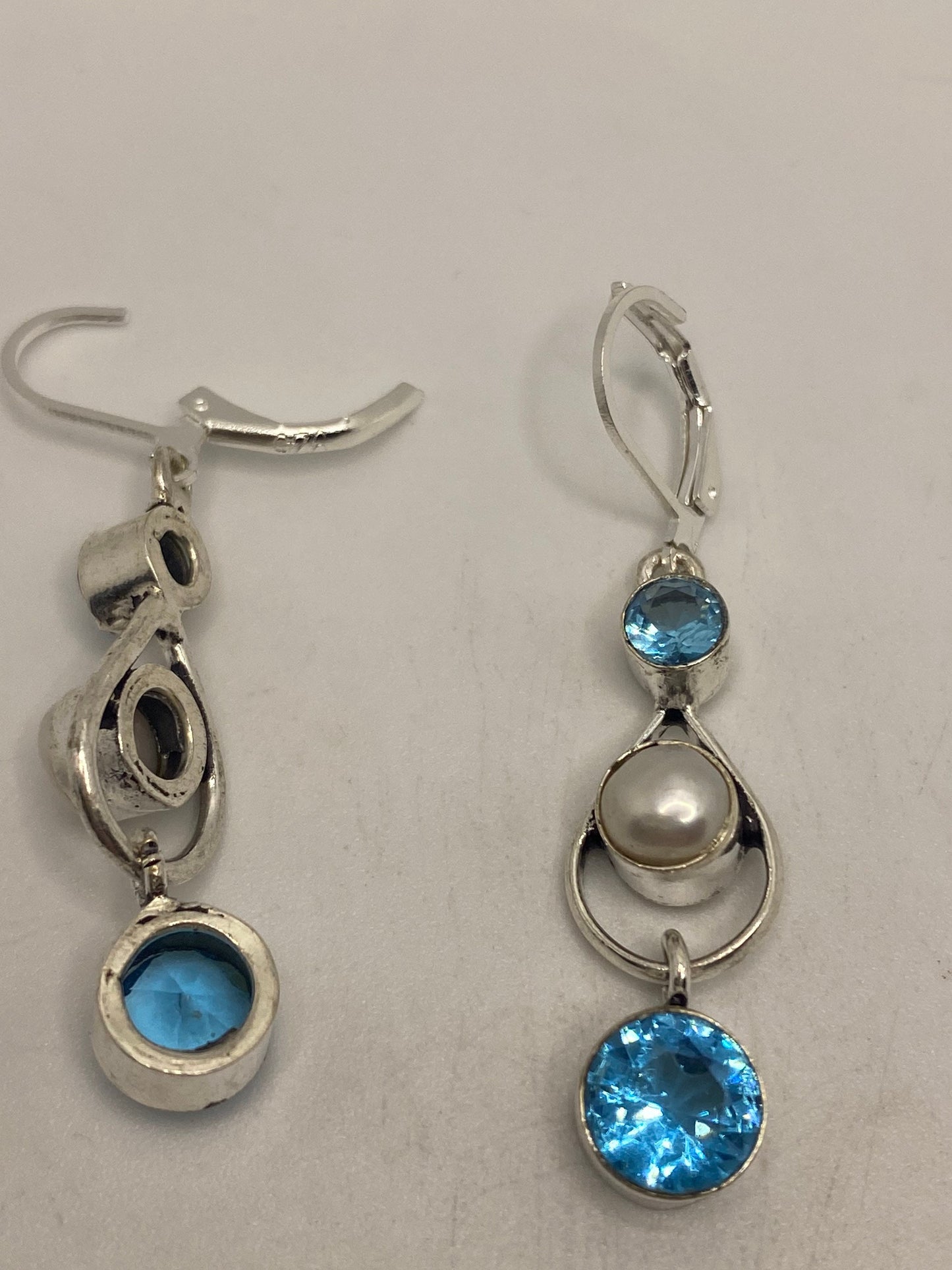 Vintage Blue Topaz LeverBack Earrings 925 Sterling Silver Dangle