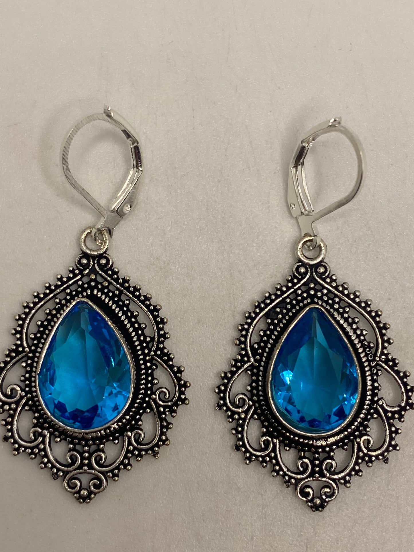 Antique Vintage Aqua Blue Volcanic Glass Silver Dangle Earrings