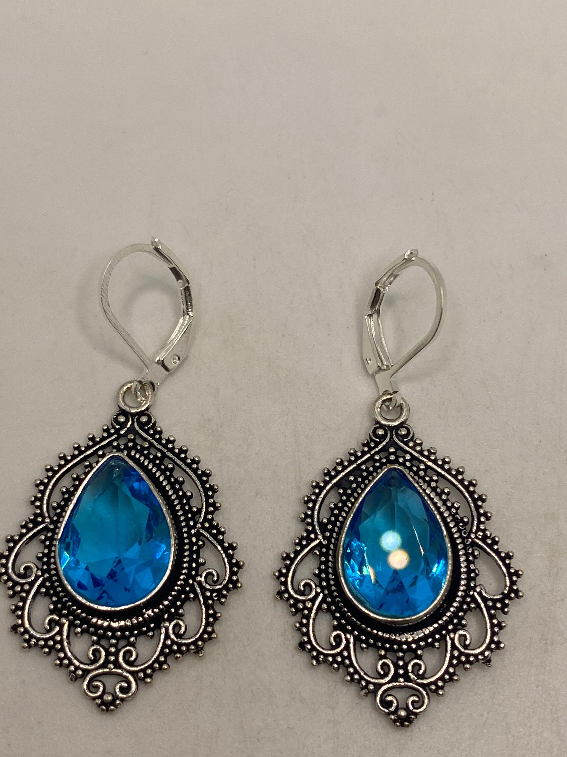 Antique Vintage Aqua Blue Volcanic Glass Silver Dangle Earrings