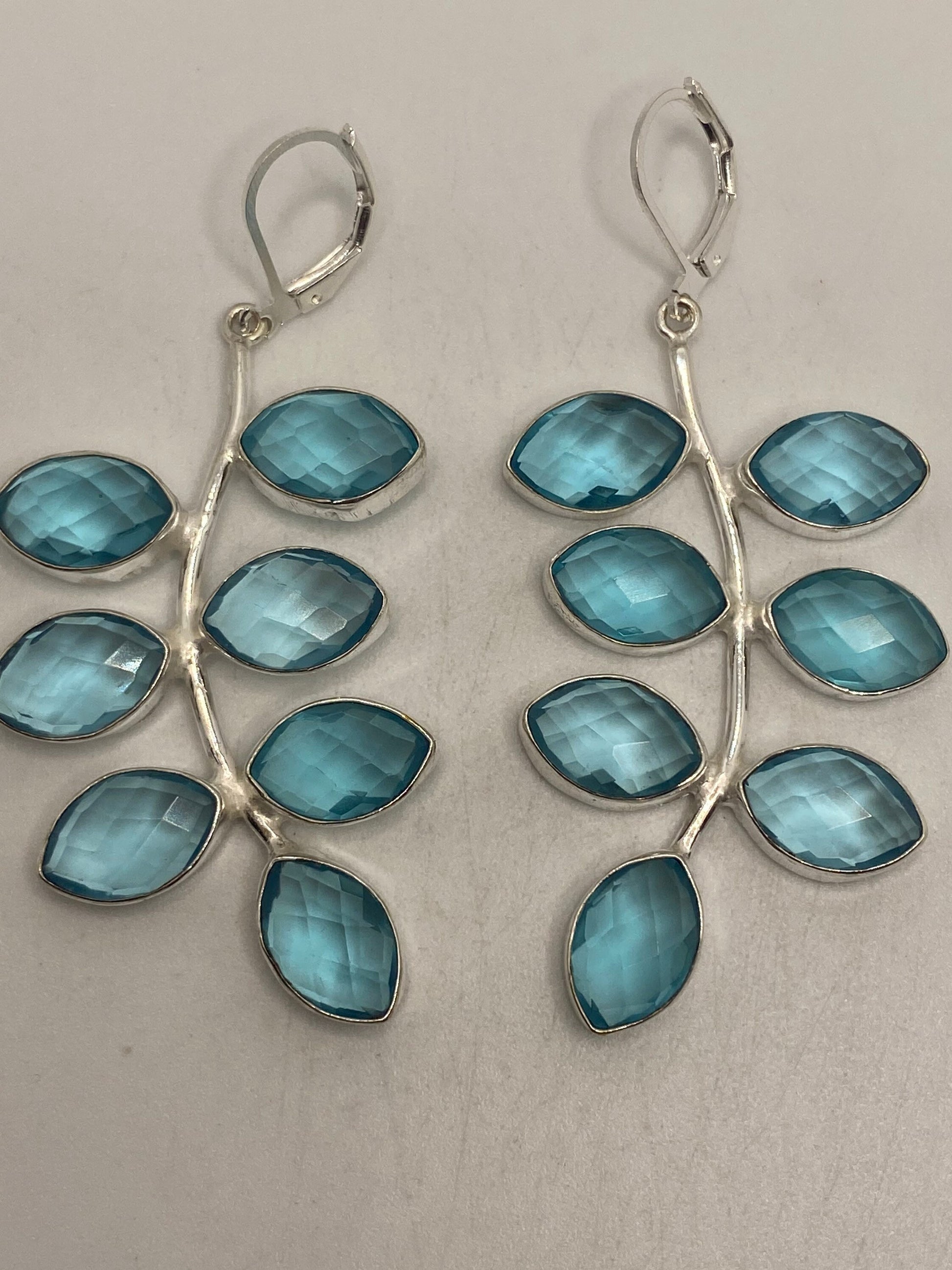 Antique Vintage Aqua Blue Volcanic Glass Silver Dangle Earrings