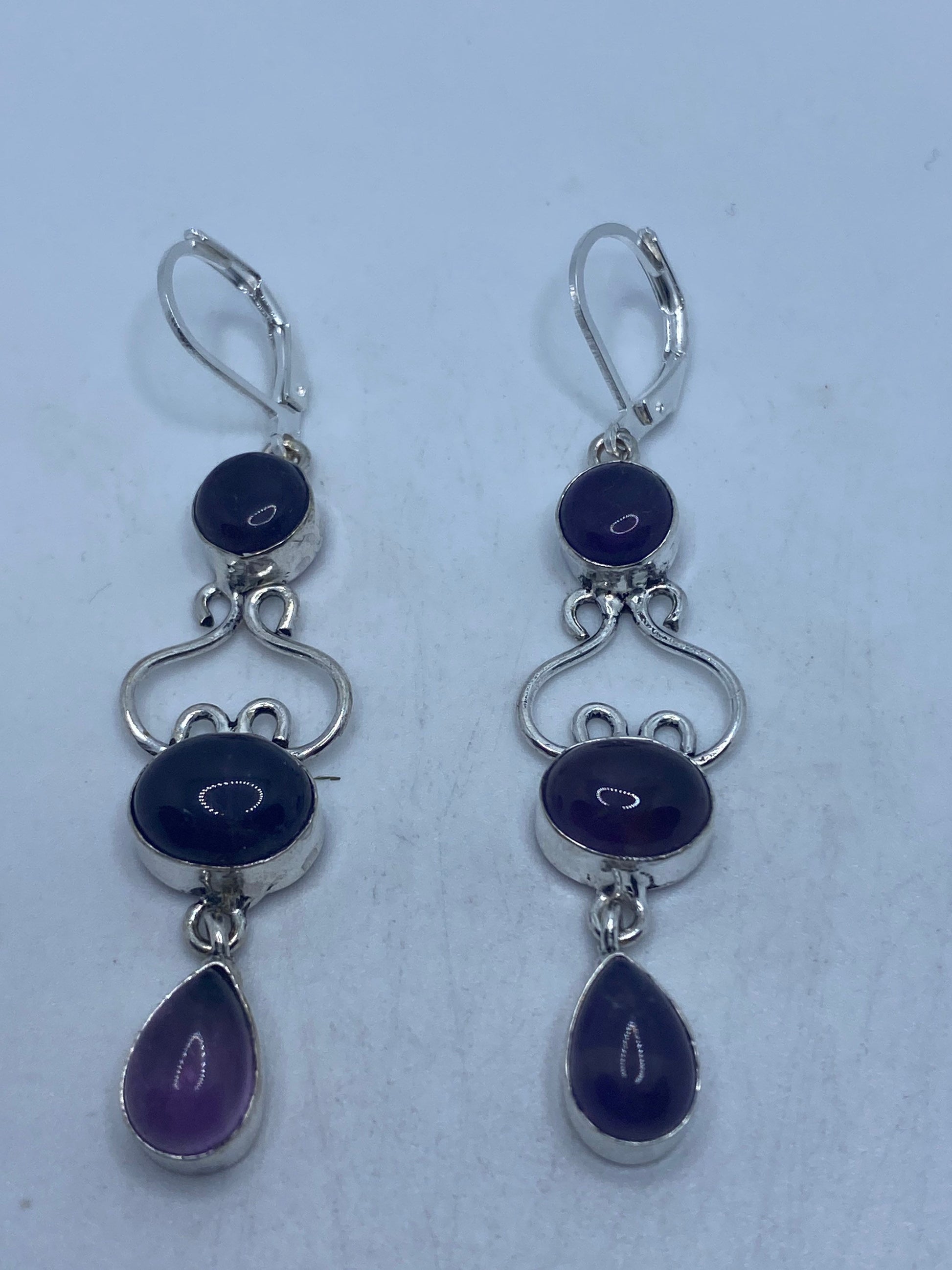 Vintage Purple Amethyst Earrings 925 Sterling Silver Leverback