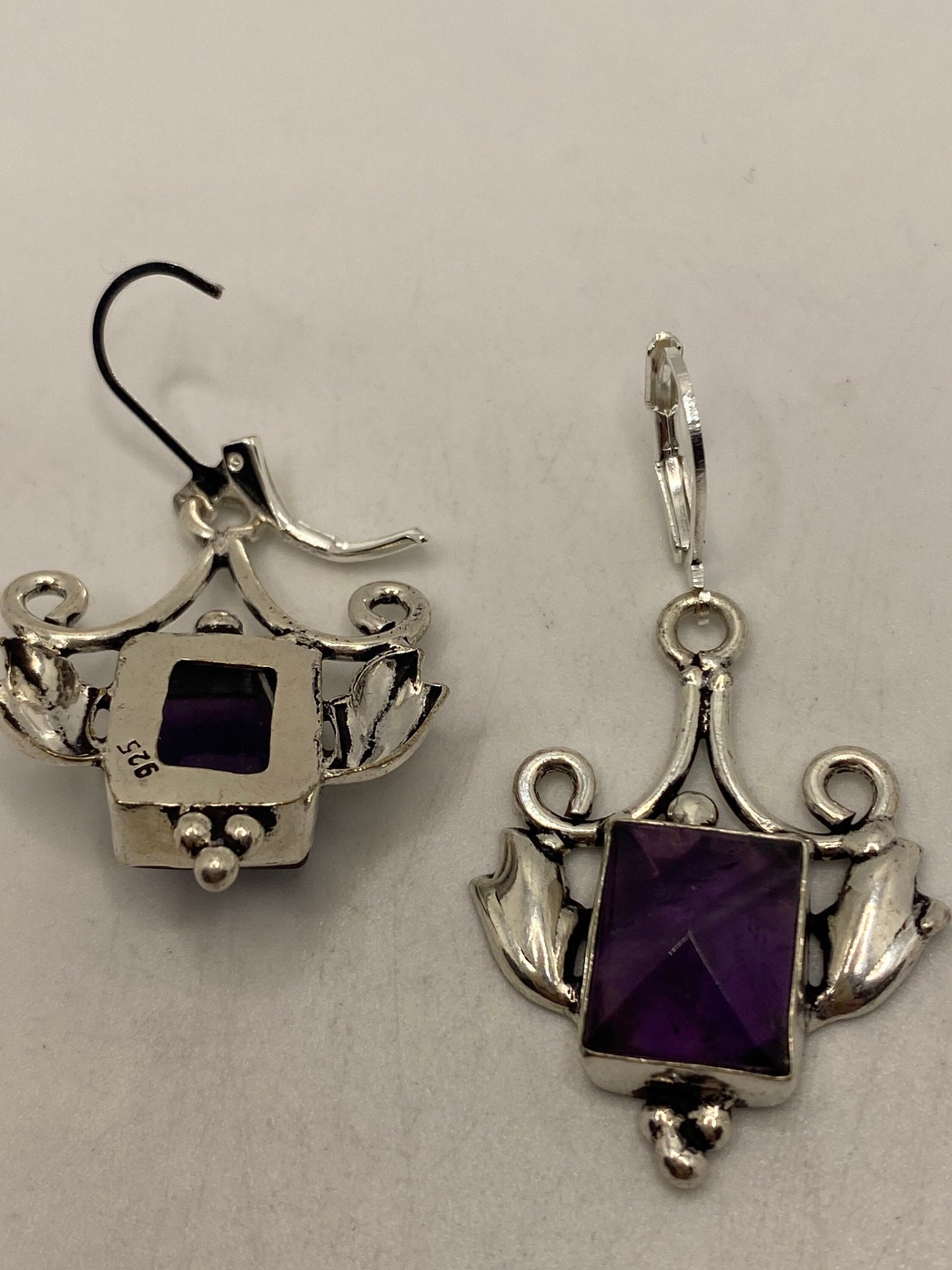 Vintage Purple Amethyst Earrings 925 Sterling Silver Leverback