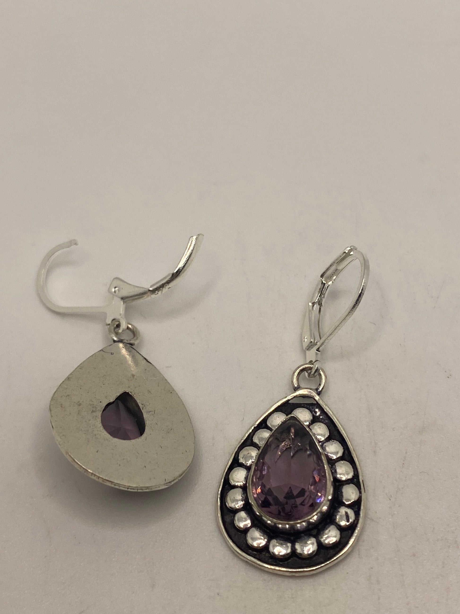 Vintage Purple Amethyst Earrings 925 Sterling Silver Leverback