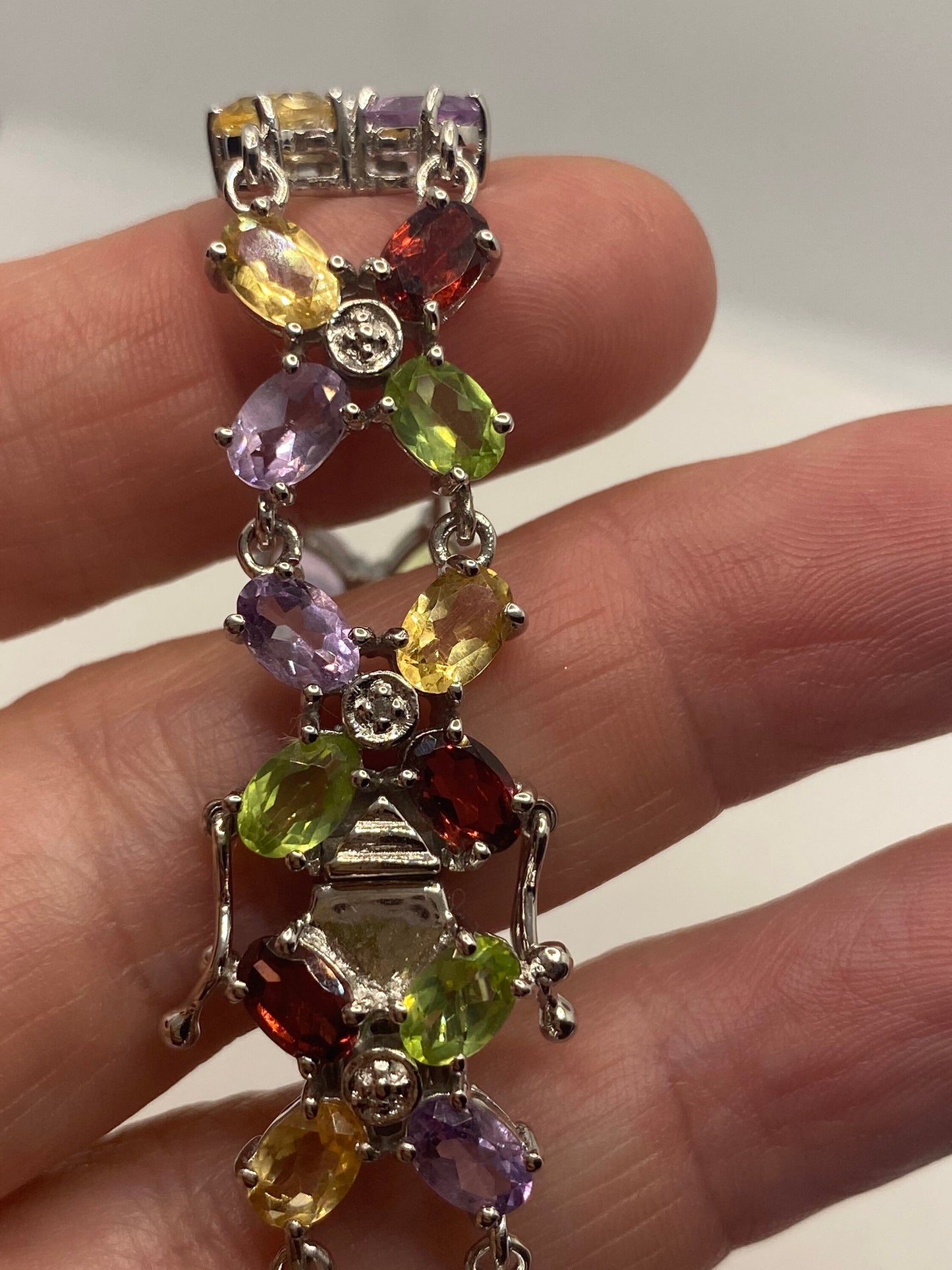 Vintage Garnet Amethyst Citrine Peridot in 925 Sterling Silver Tennis Bracelet