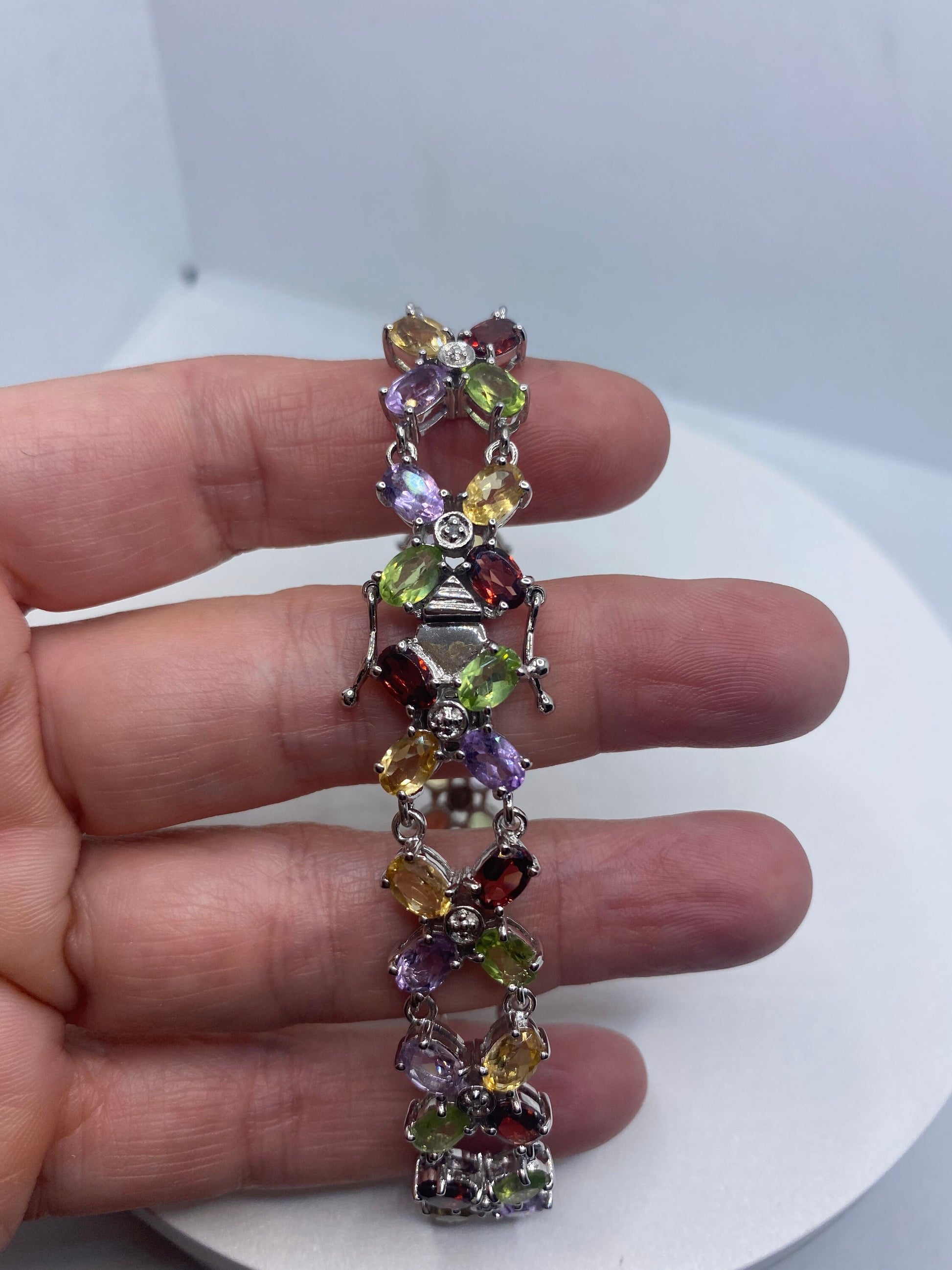 Vintage Garnet Amethyst Citrine Peridot in 925 Sterling Silver Tennis Bracelet